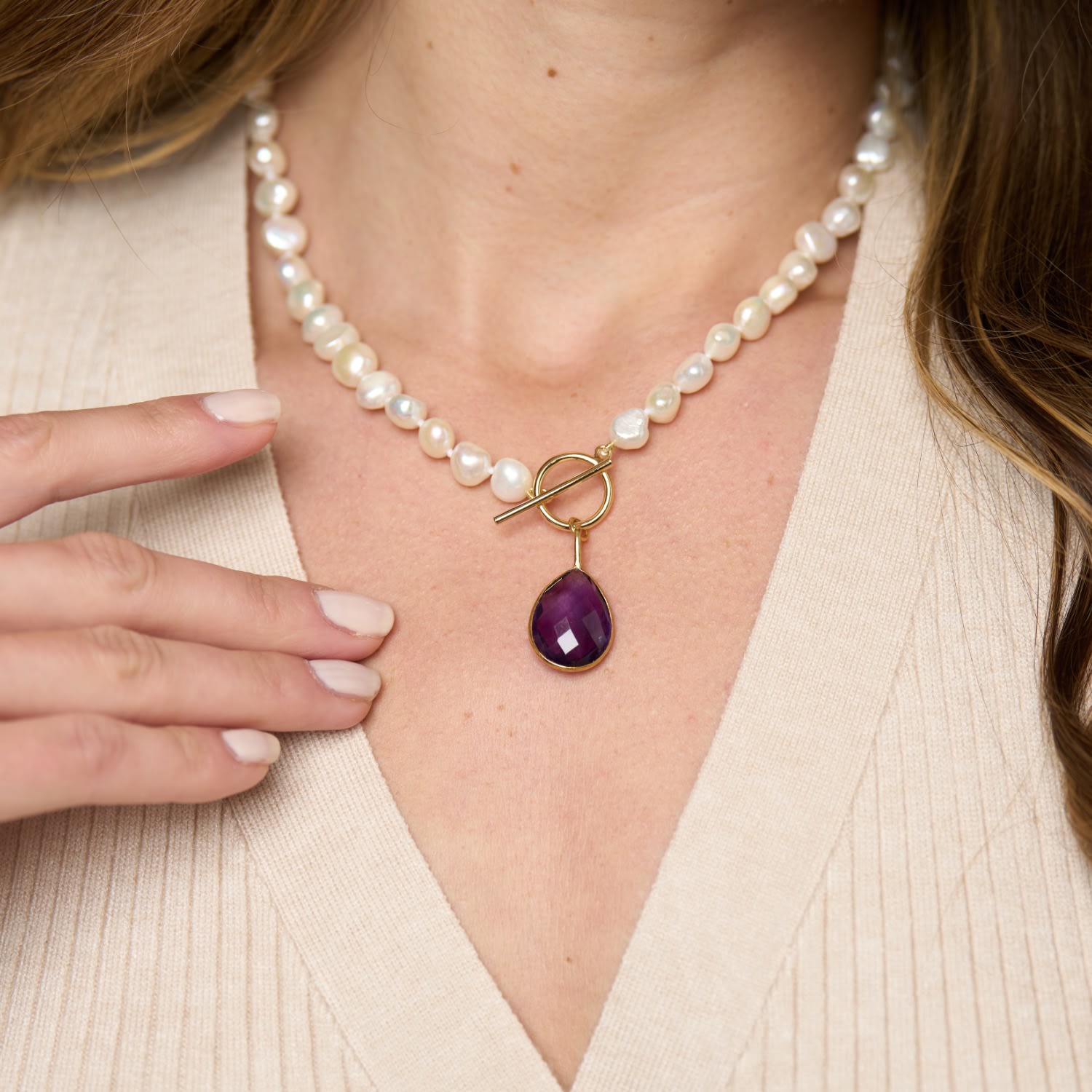 Clara Cultured Irregular Freshwater Pearl Necklace With Amethyst Gold Vermeil Drop