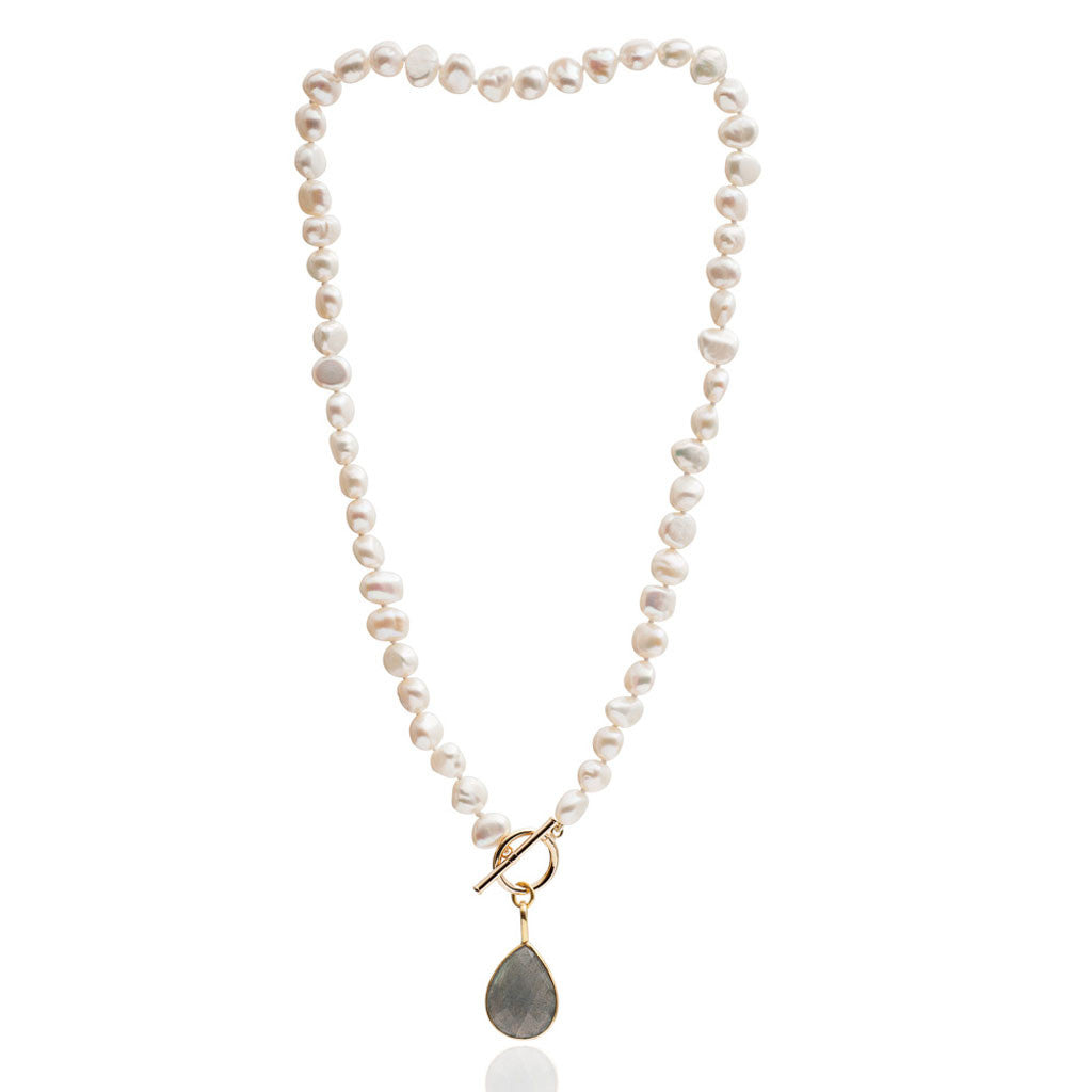 Clara Cultured Irregular Freshwater Pearl Necklace With Labradorite Gold Vermeil Drop