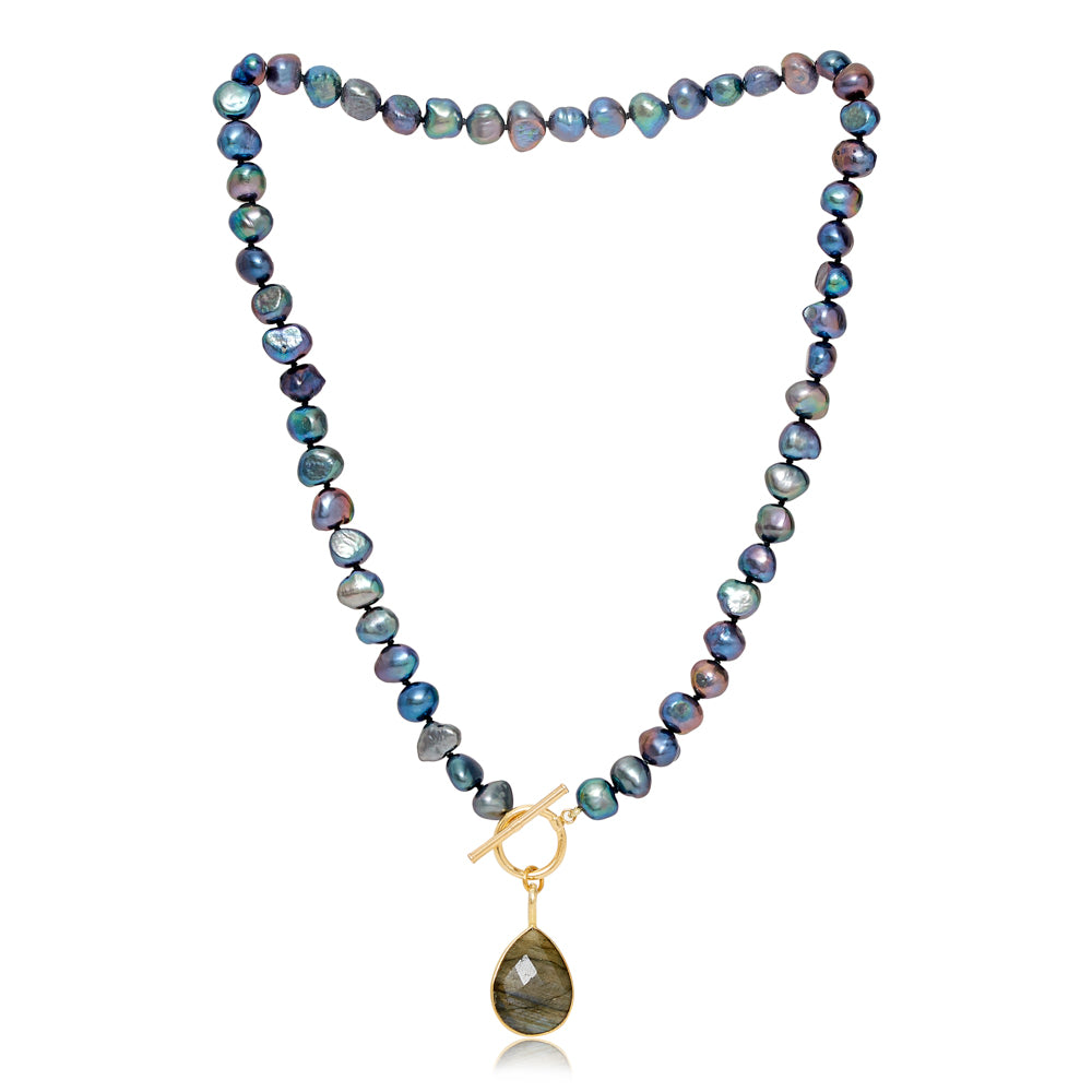 Clara Peacock Black Cultured Irregular Freshwater Pearl Necklace With Labradorite Gold Vermeil Drop