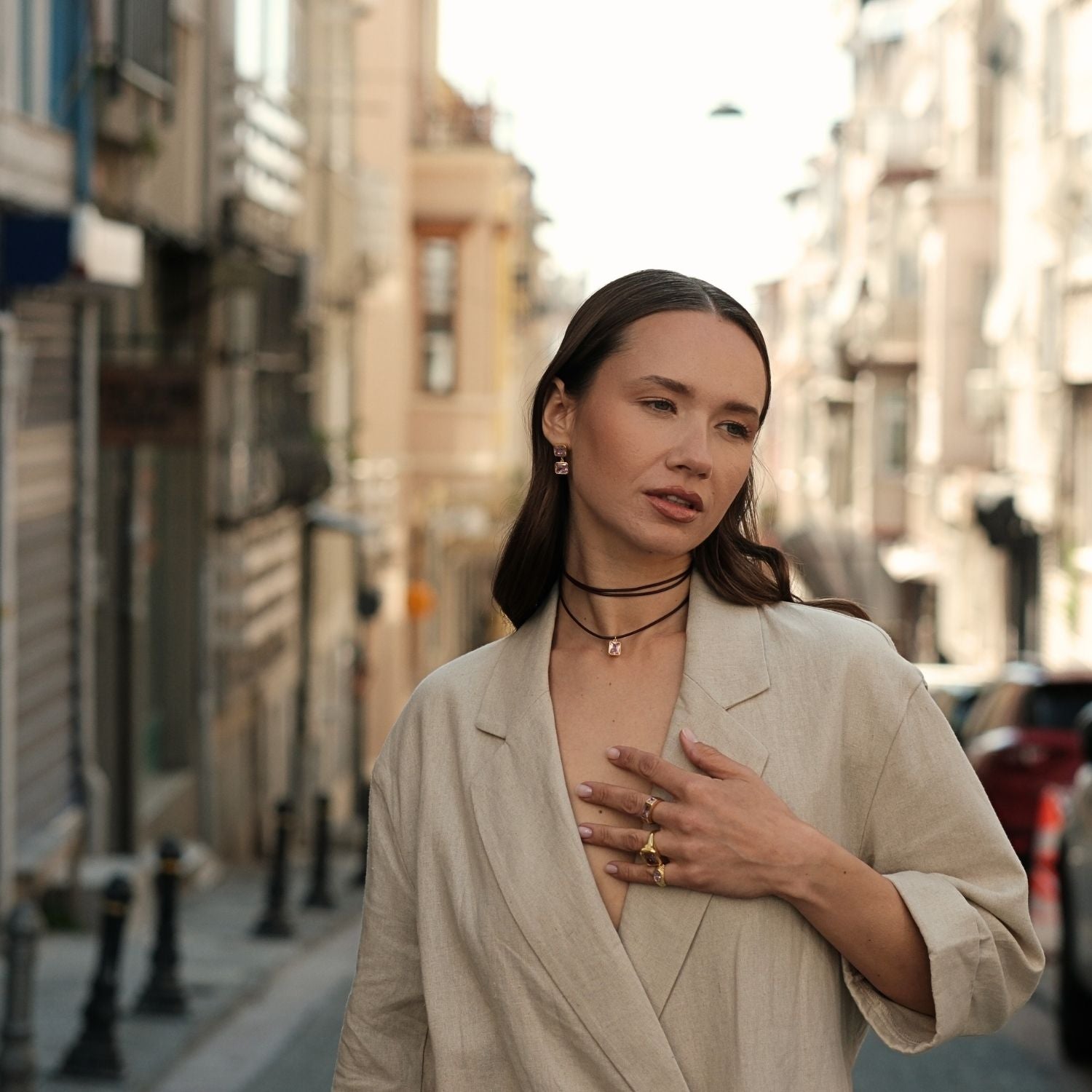 Claret Red Leather Rope Pink Crystal Stone Necklace Choker