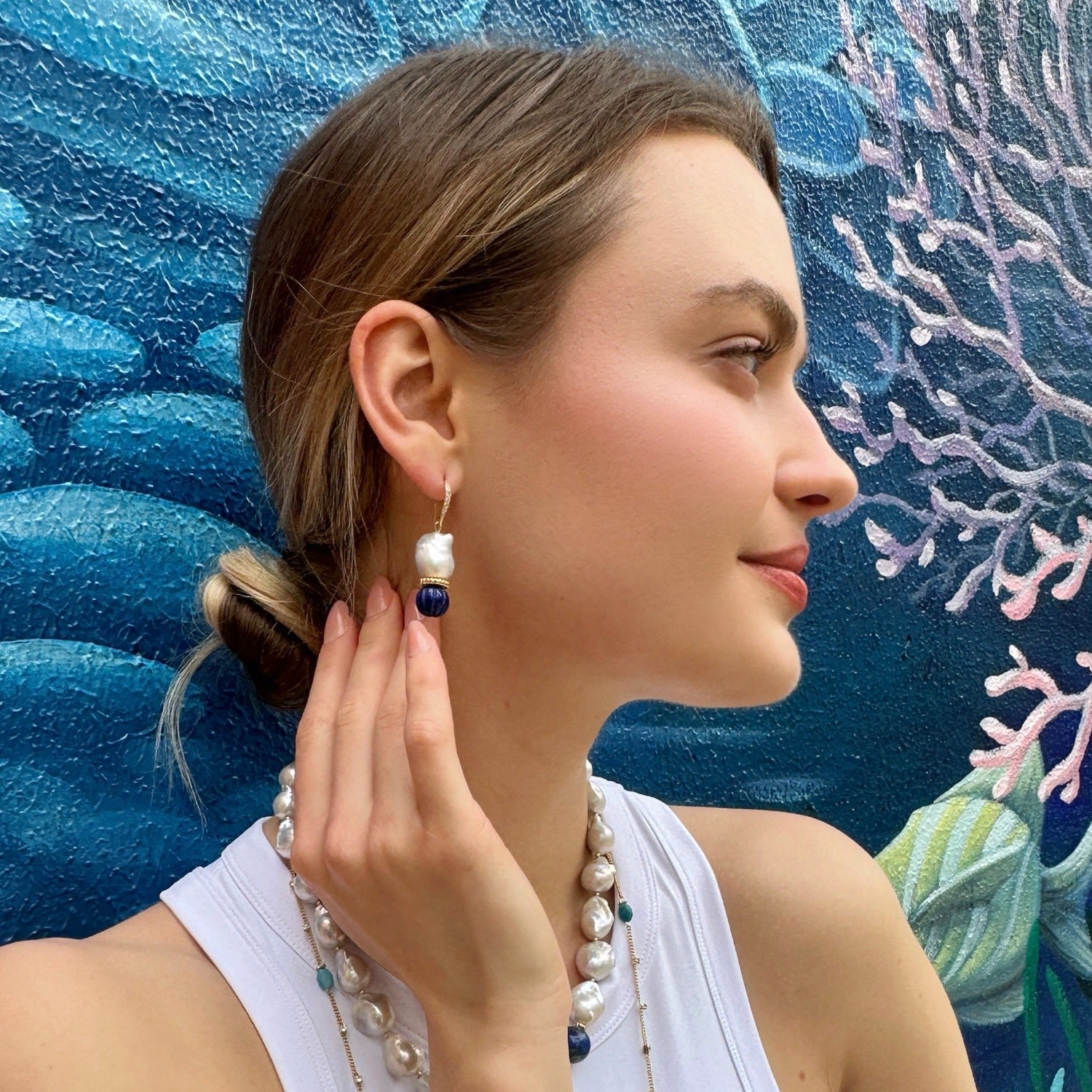 Classic Baroque Pearls With Pumpkin-Shaped Lapis Earrings