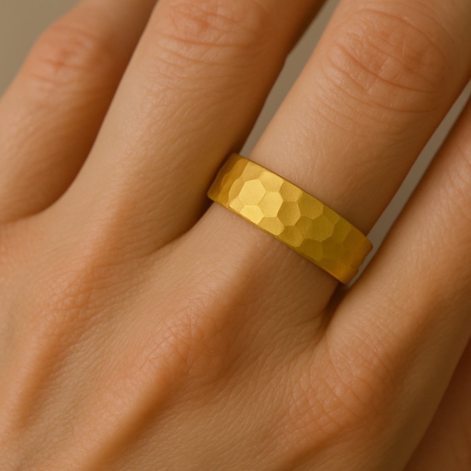 Classic Women's Domed Silver Band With Hammered Texture- Gold Plated