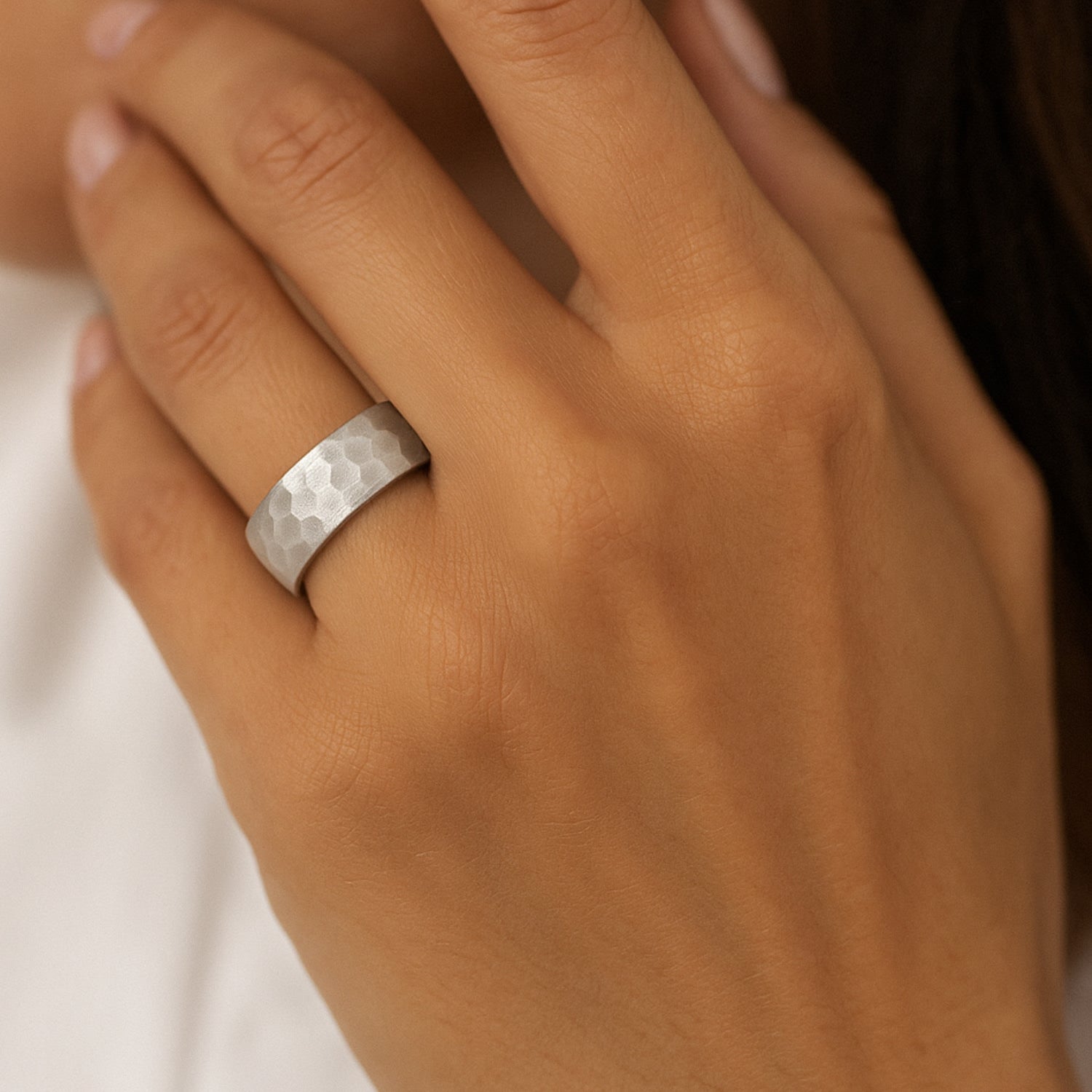 Classic Women's Domed Silver Band With Hammered Texture