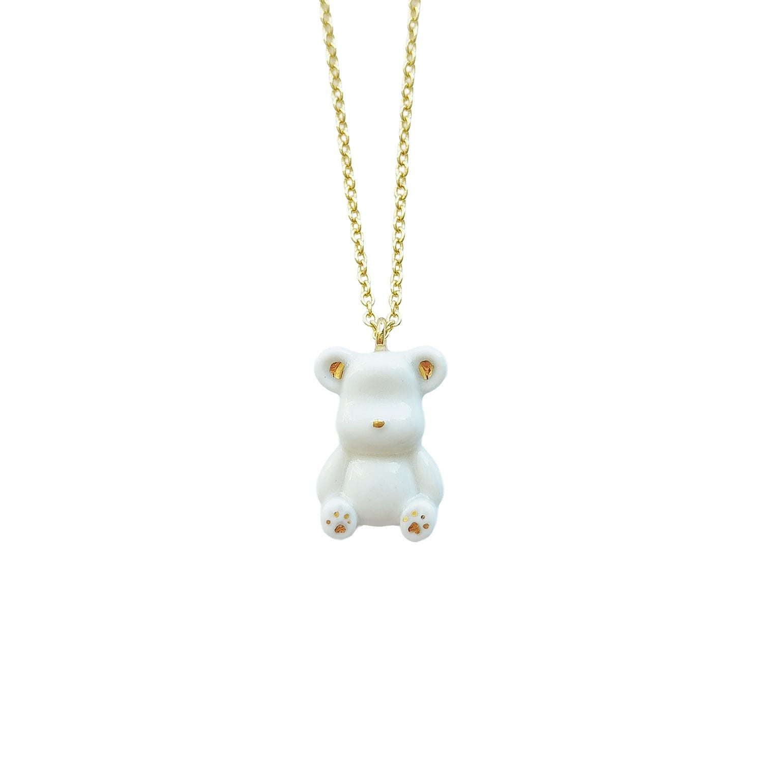 Classy White And Gold Porcelain Teddy Bear Necklace