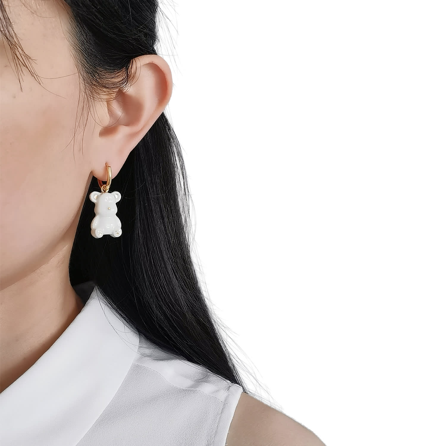 Classy White Porcelain Teddy Bear Clip On Earrings