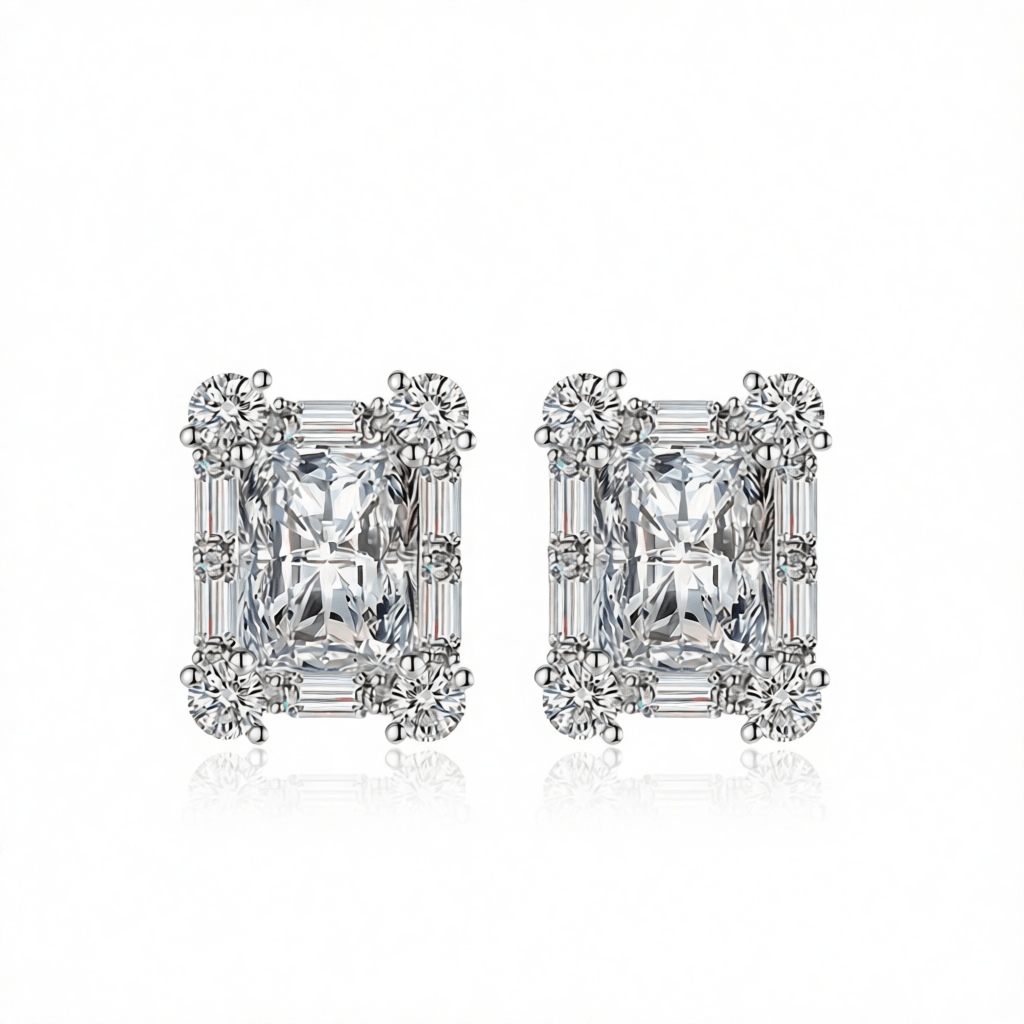Clear Crystal & Cubic Zirconia Silvertone Rectangular Stud Earrings