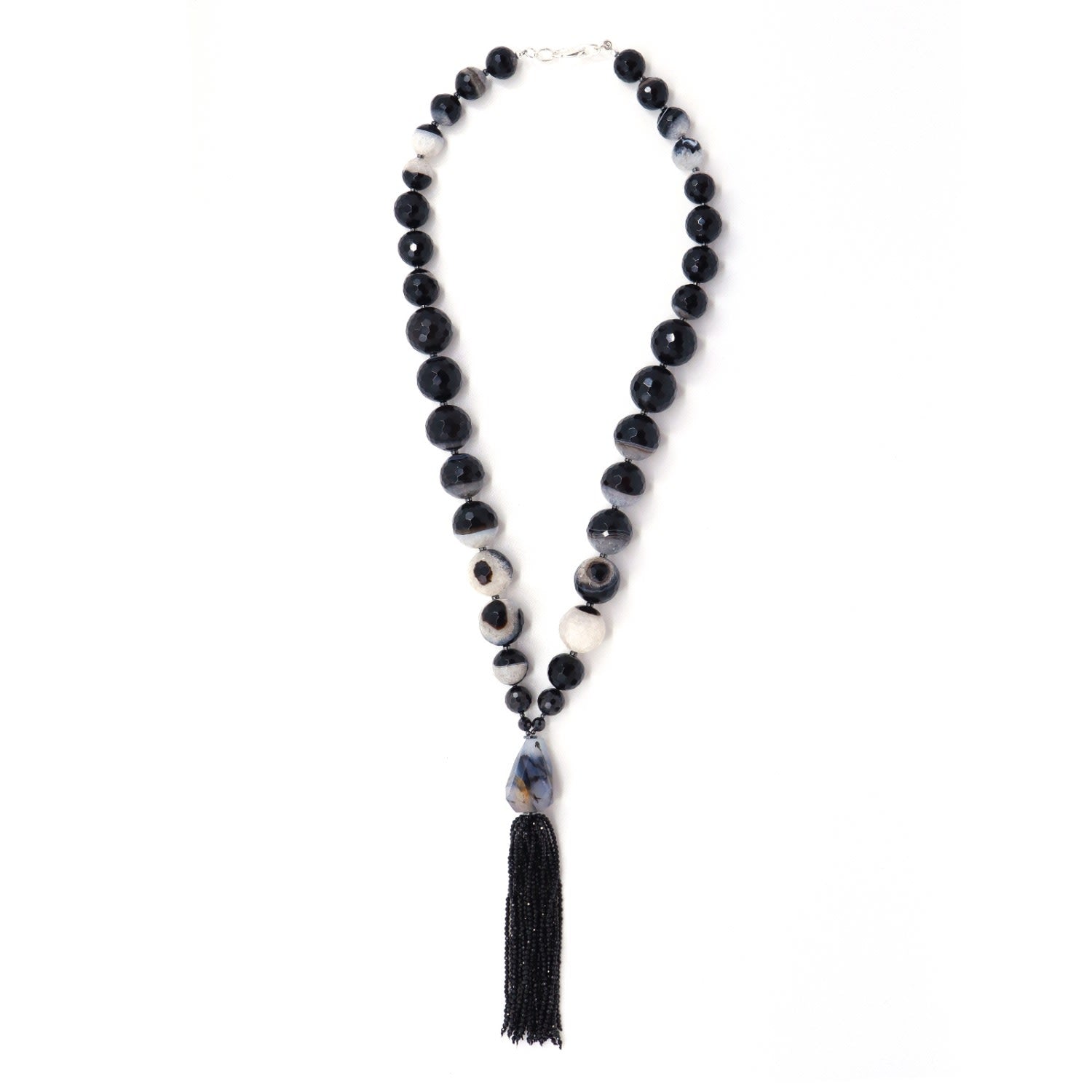 Clear Quartz & Black Agate, Black Cubic Zirconia & Black Spinel Tassel Beaded Necklace
