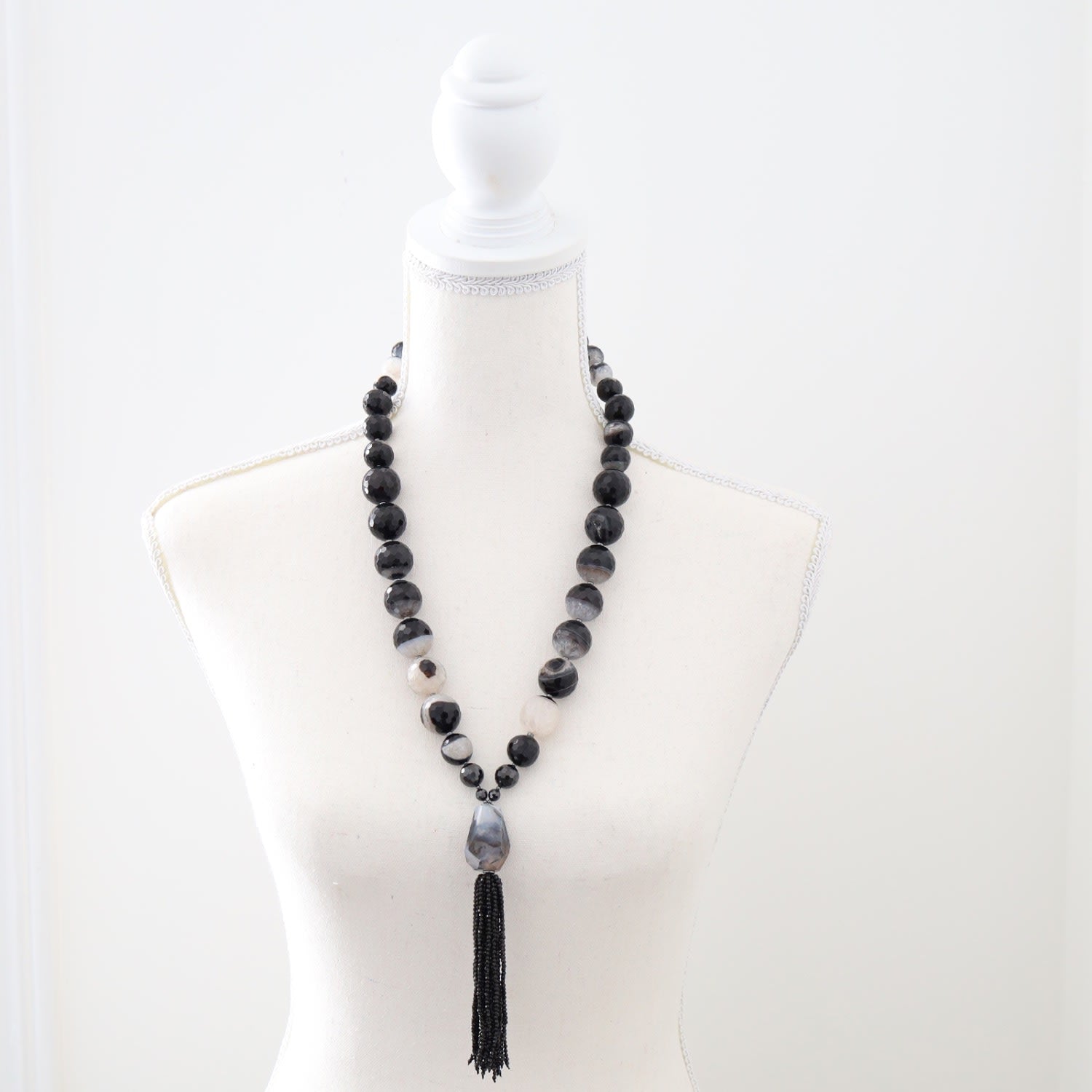 Clear Quartz & Black Agate, Black Cubic Zirconia & Black Spinel Tassel Beaded Necklace