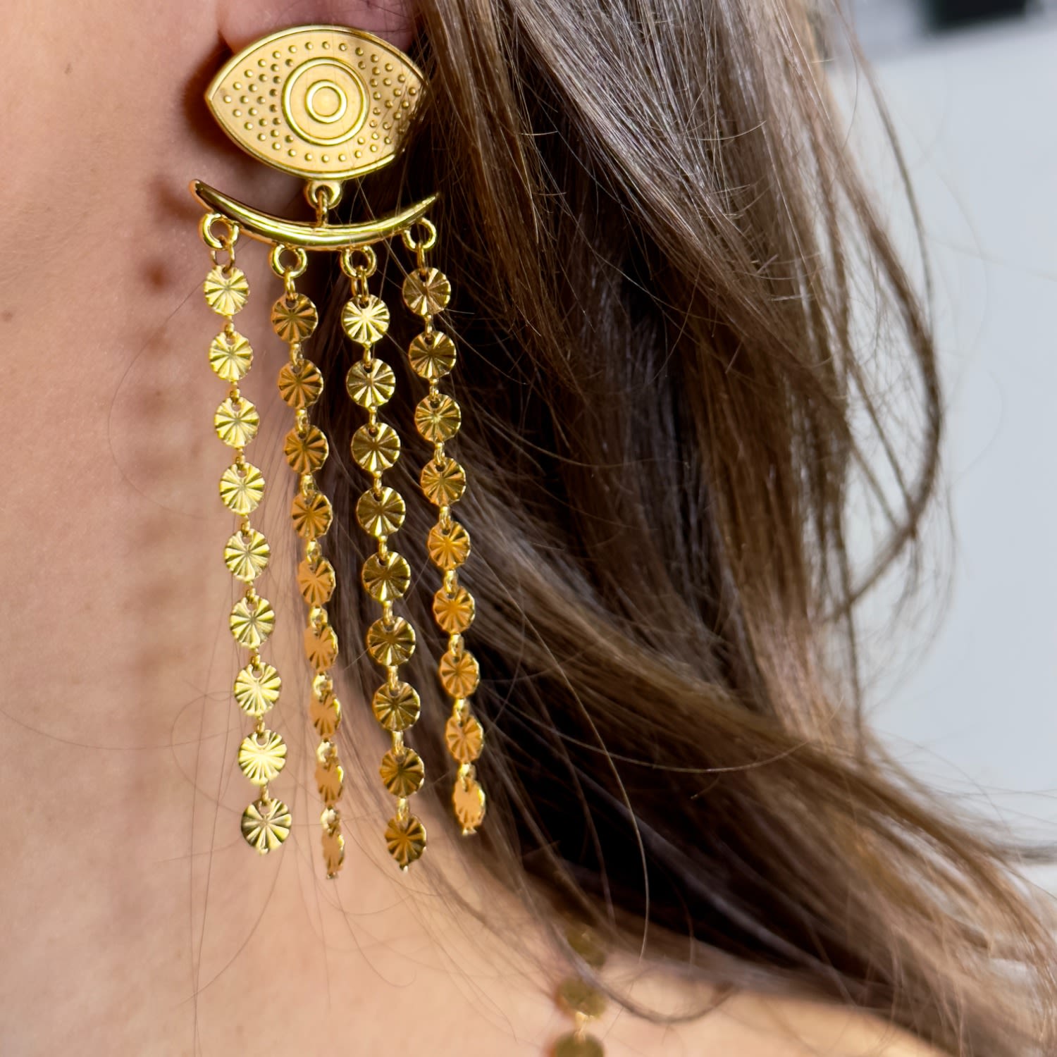 Cleo Evil Eye Tassel Earrings Silver