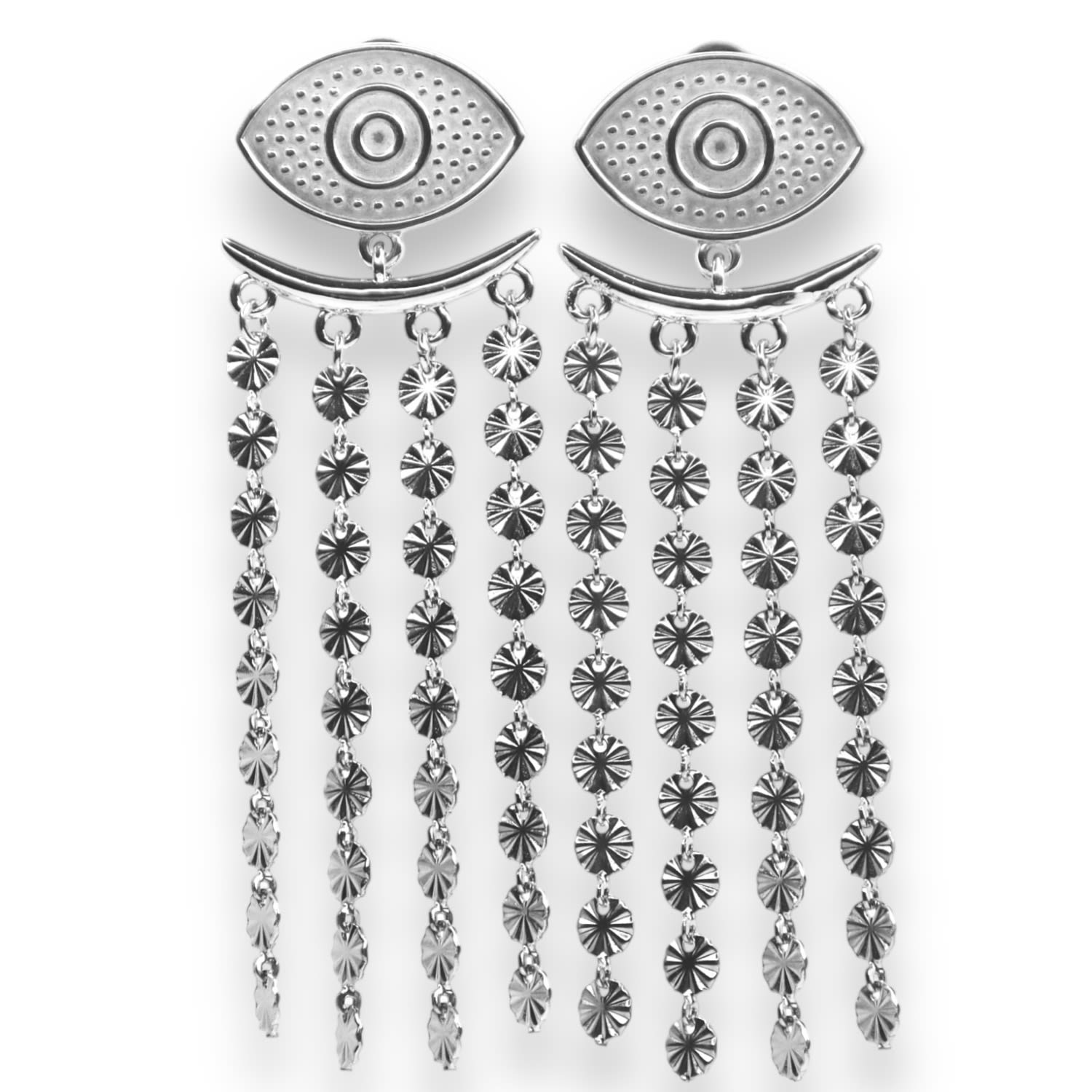 Cleo Evil Eye Tassel Earrings Silver