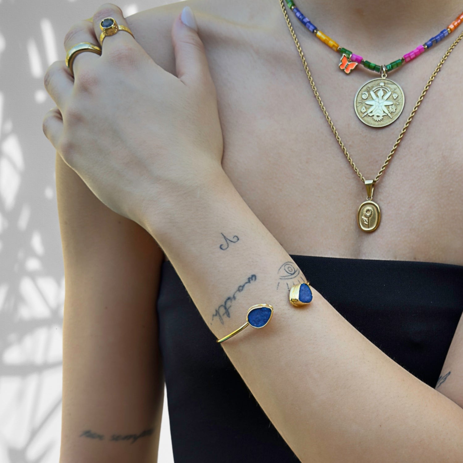 Cleopatra Blue Druzy Agate Gold Cuff Bracelet - Blue