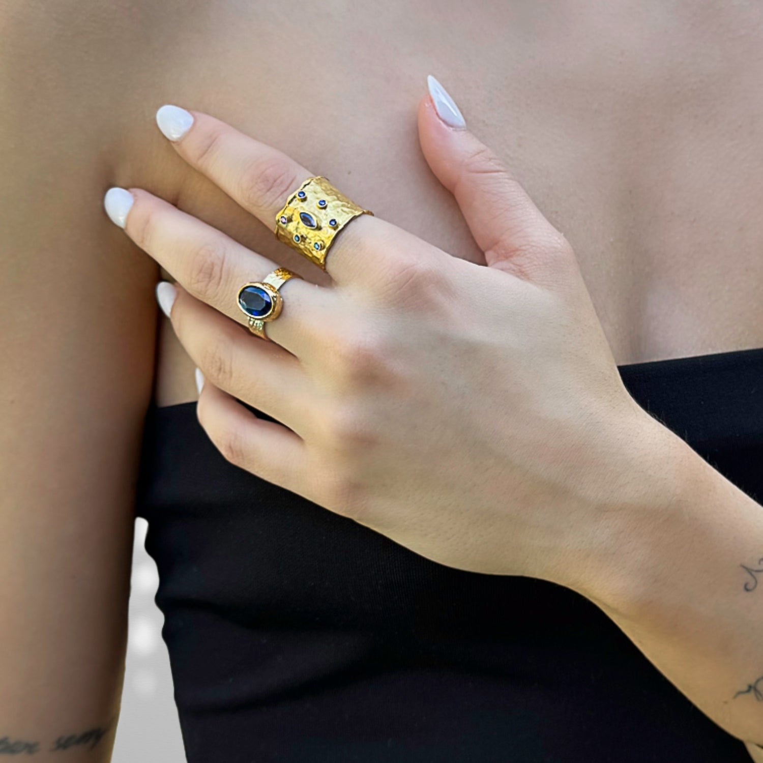 Cleopatra Blue Sapphire Gemstone Gold Adjustable Ring - Blue