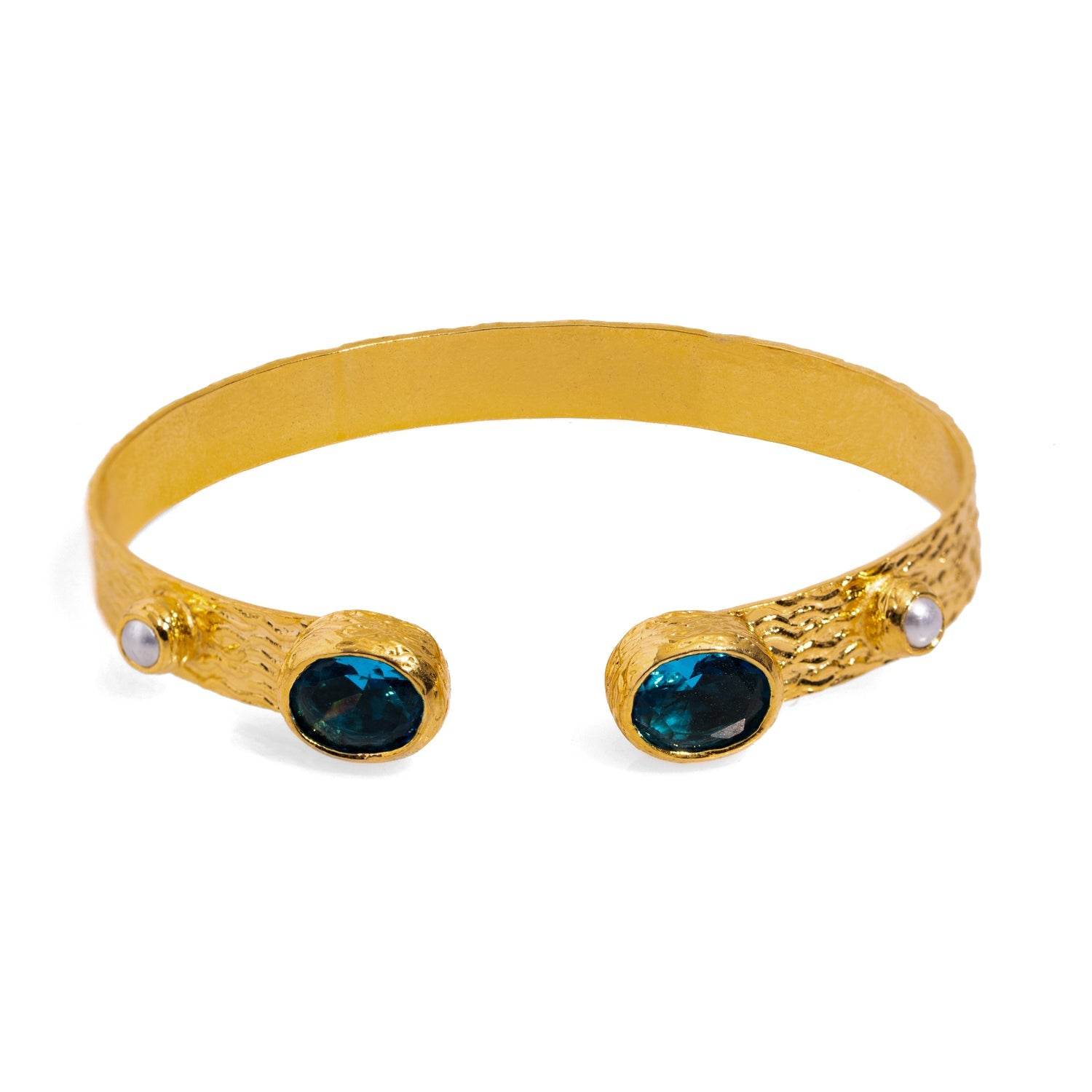 Cleopatra Blue Topaz & Pearl Adjustable Gold Cuff Bracelet - Blue