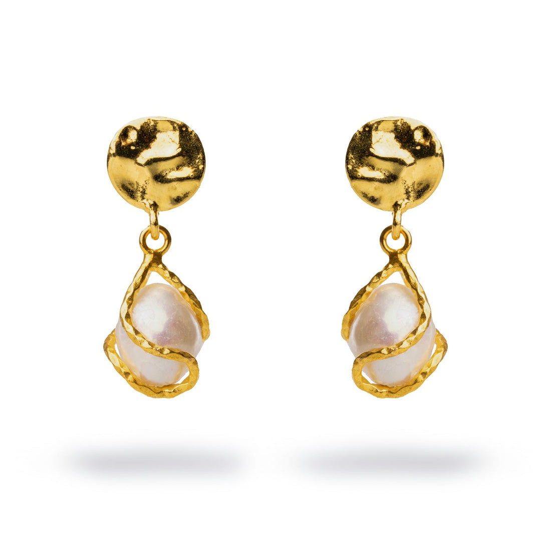 Cleopatra Crinkle Gold Stud Pearl Drop Statement Earrings - Gold