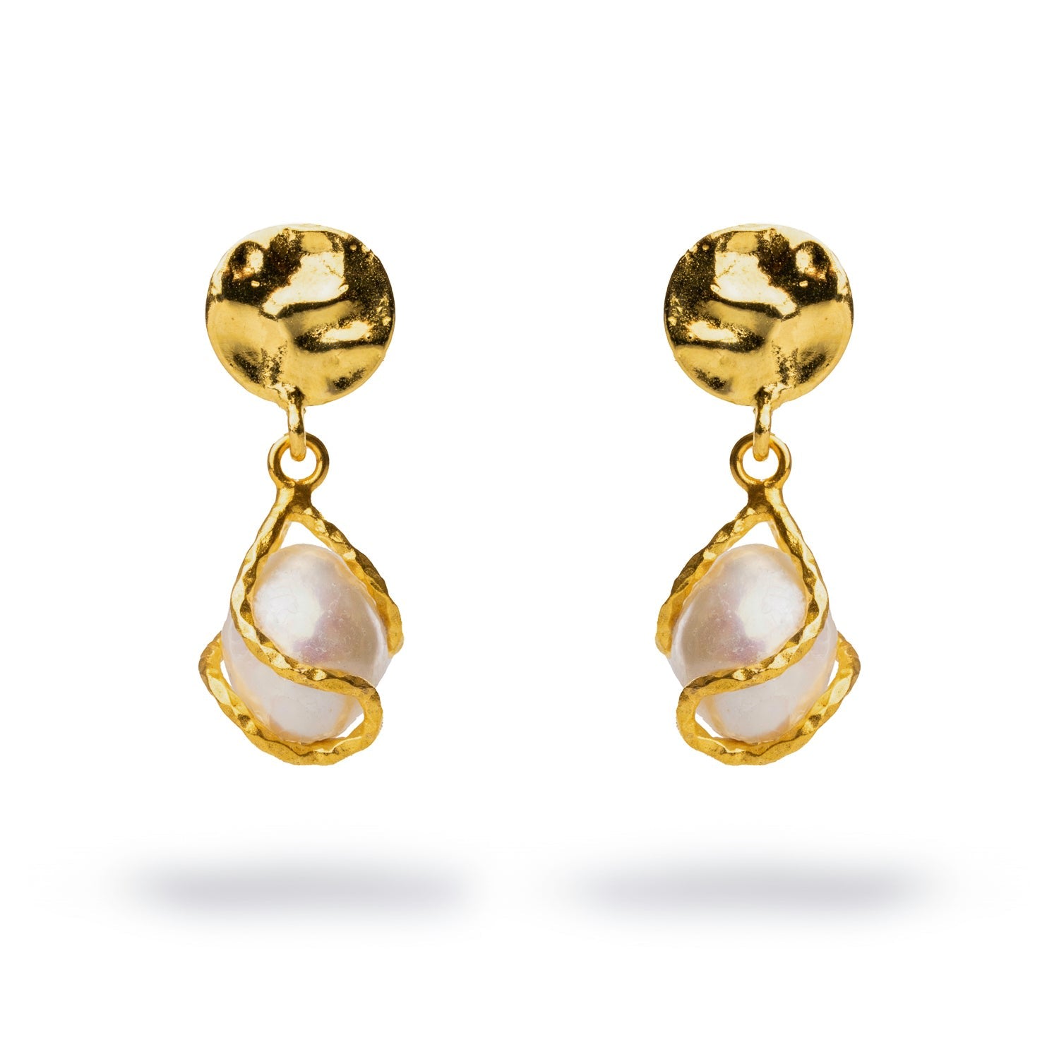 Cleopatra Crinkle Gold Stud Pearl Drop Statement Earrings - Gold