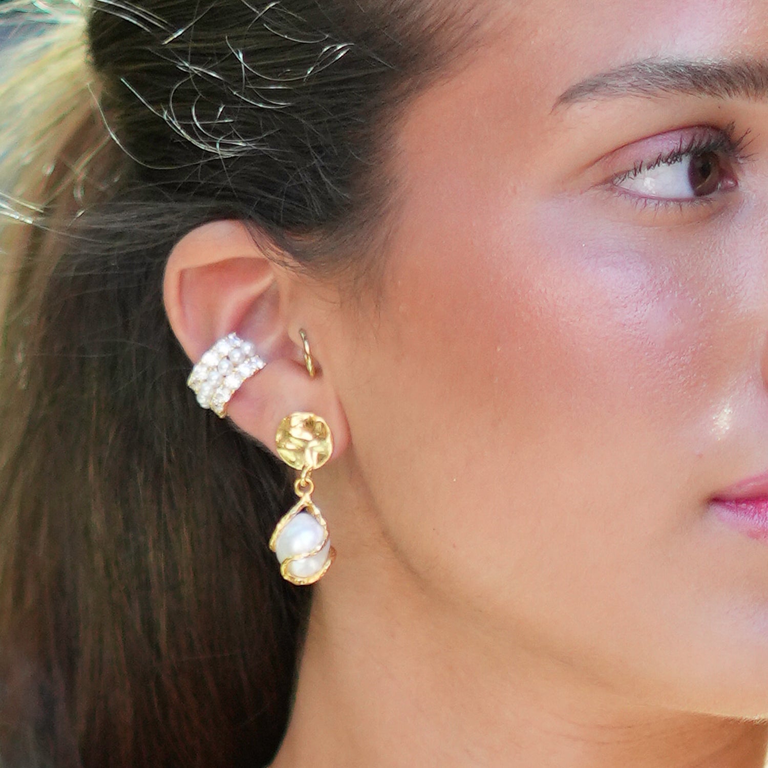 Cleopatra Crinkle Gold Stud Pearl Drop Statement Earrings - Gold