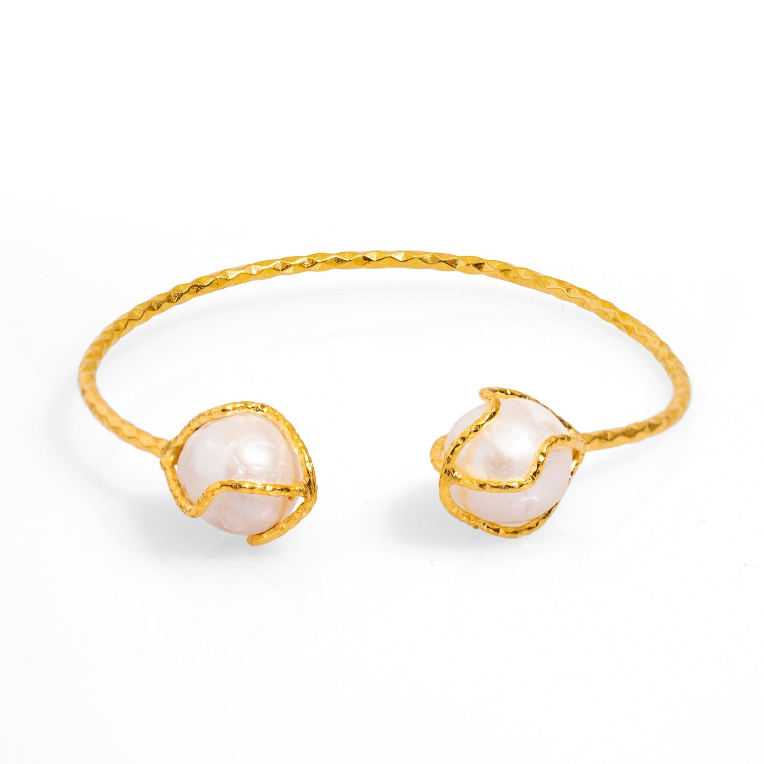 Cleopatra Double Pearl Design Gold Cuff Bracelet - Gold