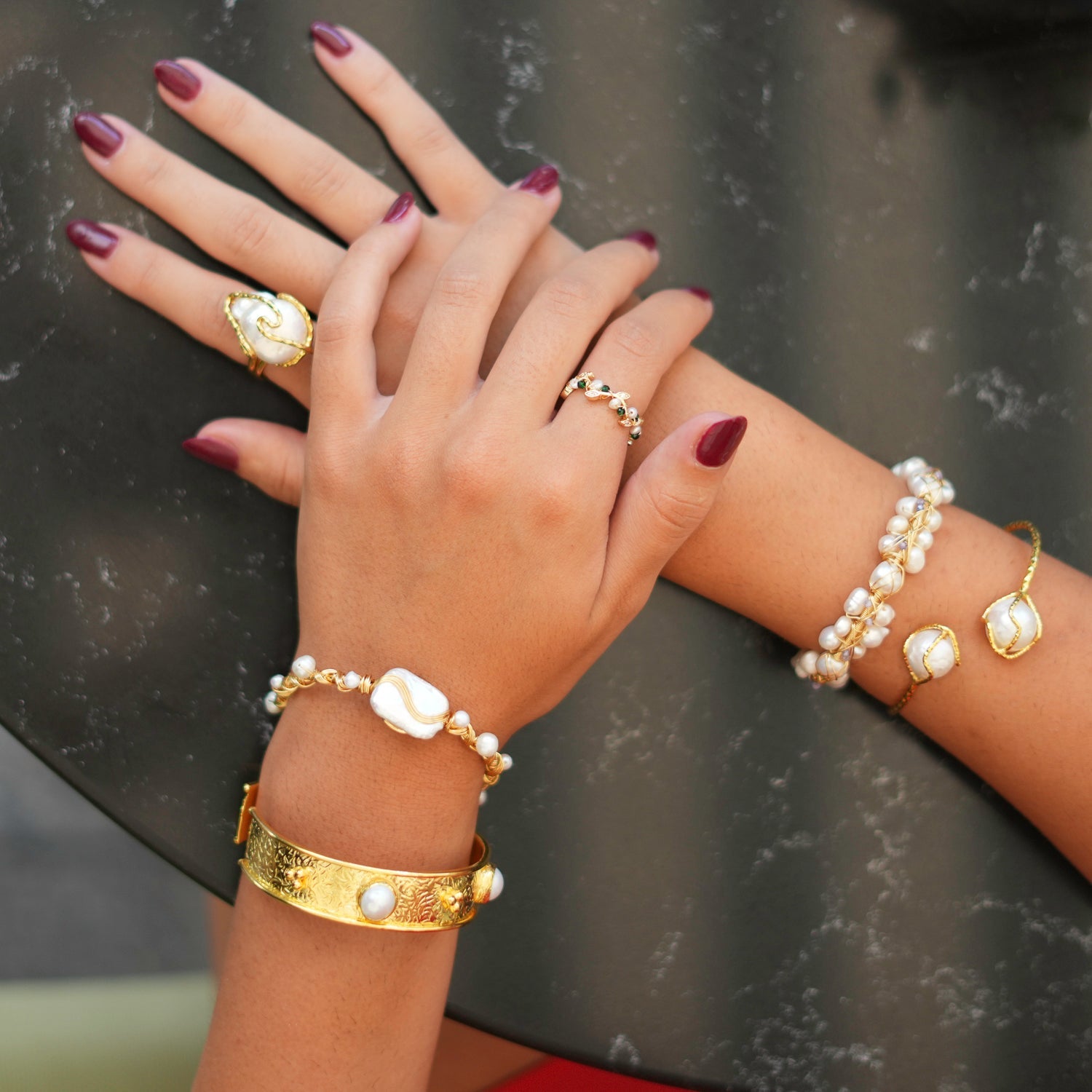 Cleopatra Twisted Design Pearl & Gold Cuff Bracelet - White