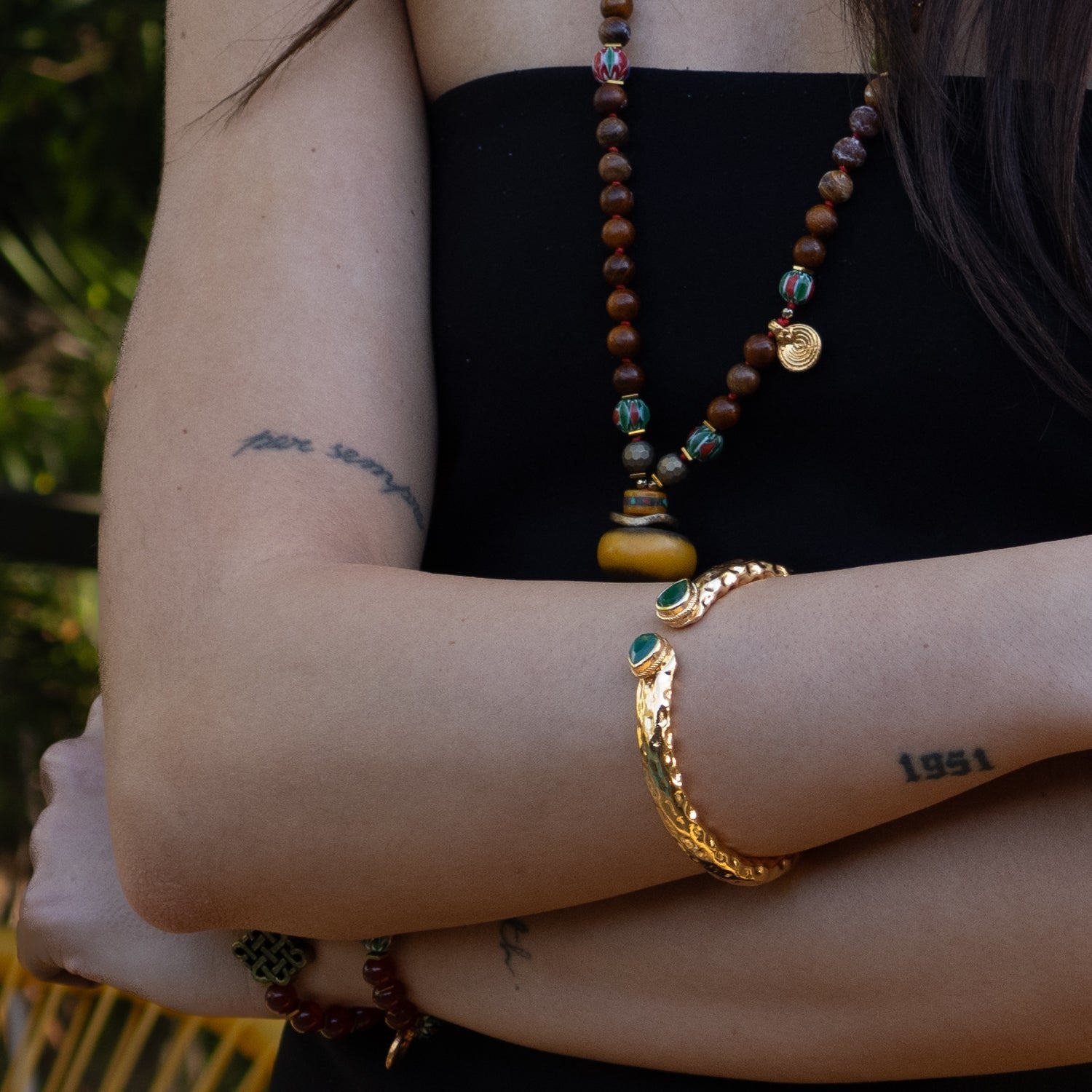 Cleopatra Emerald Stone & Gold Cuff Chunky Bracelet - Gold