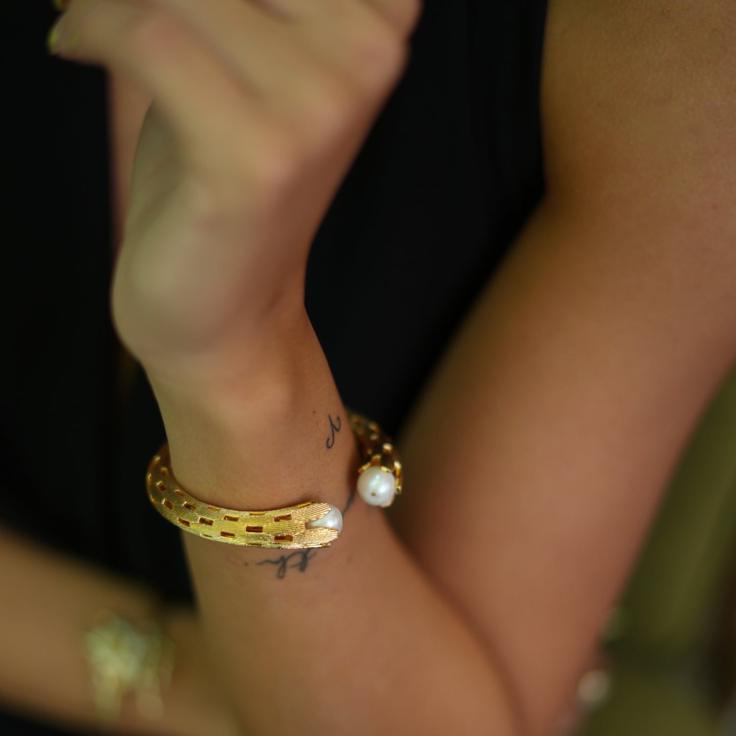 Cleopatra Gold & Pearl Chunky Cuff Design Bracelet - Gold