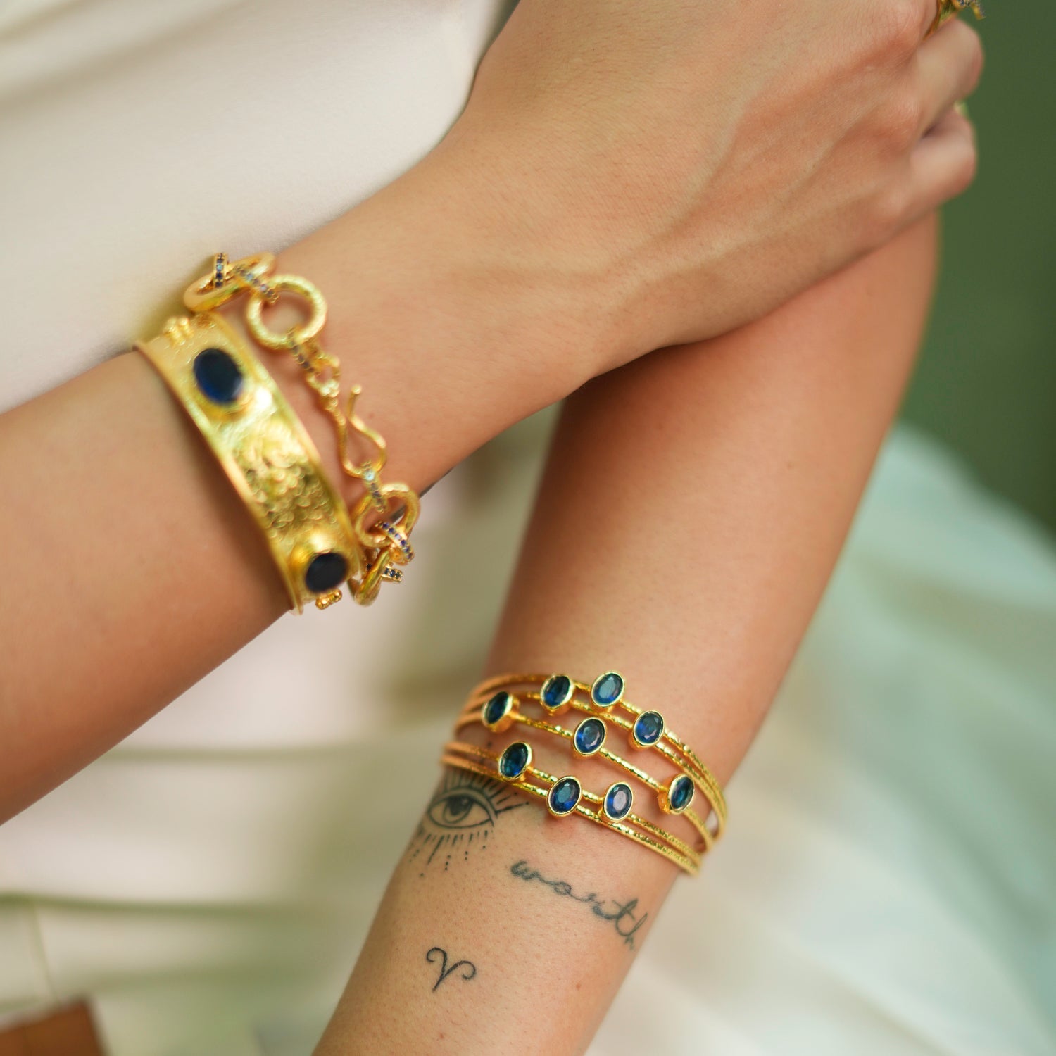 Cleopatra Gold & Sapphire Stone Cuff Chunky Bracelet - Navyblue
