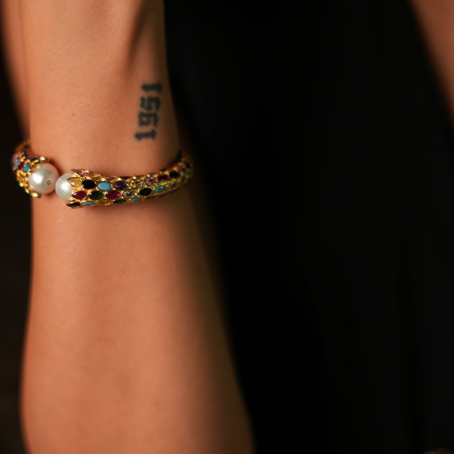 Cleopatra Multi Gemstone & Pearl Gold Chunky Cuff Bracelet - Multicolor