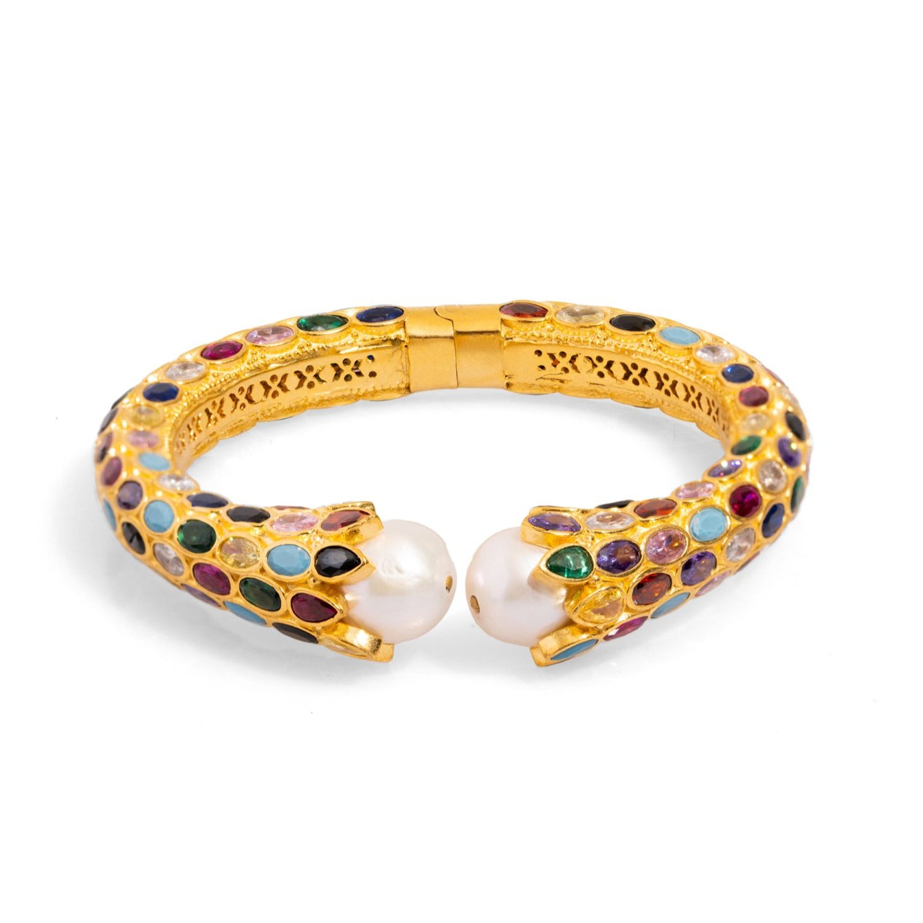 Cleopatra Multi Gemstone & Pearl Gold Chunky Cuff Bracelet - Multicolor