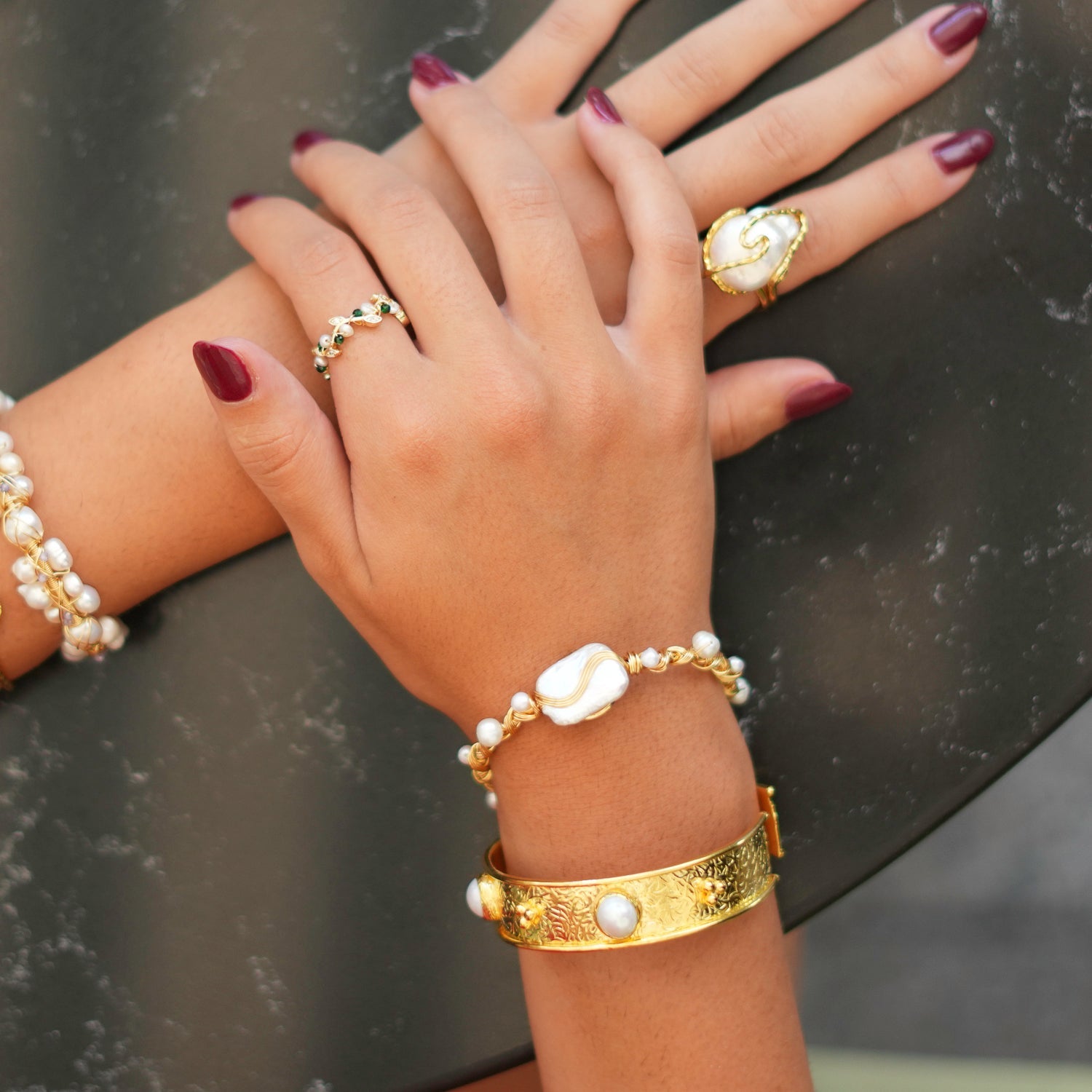 Pearl & Gold Boho Chic Cuff Bracelet - Gold