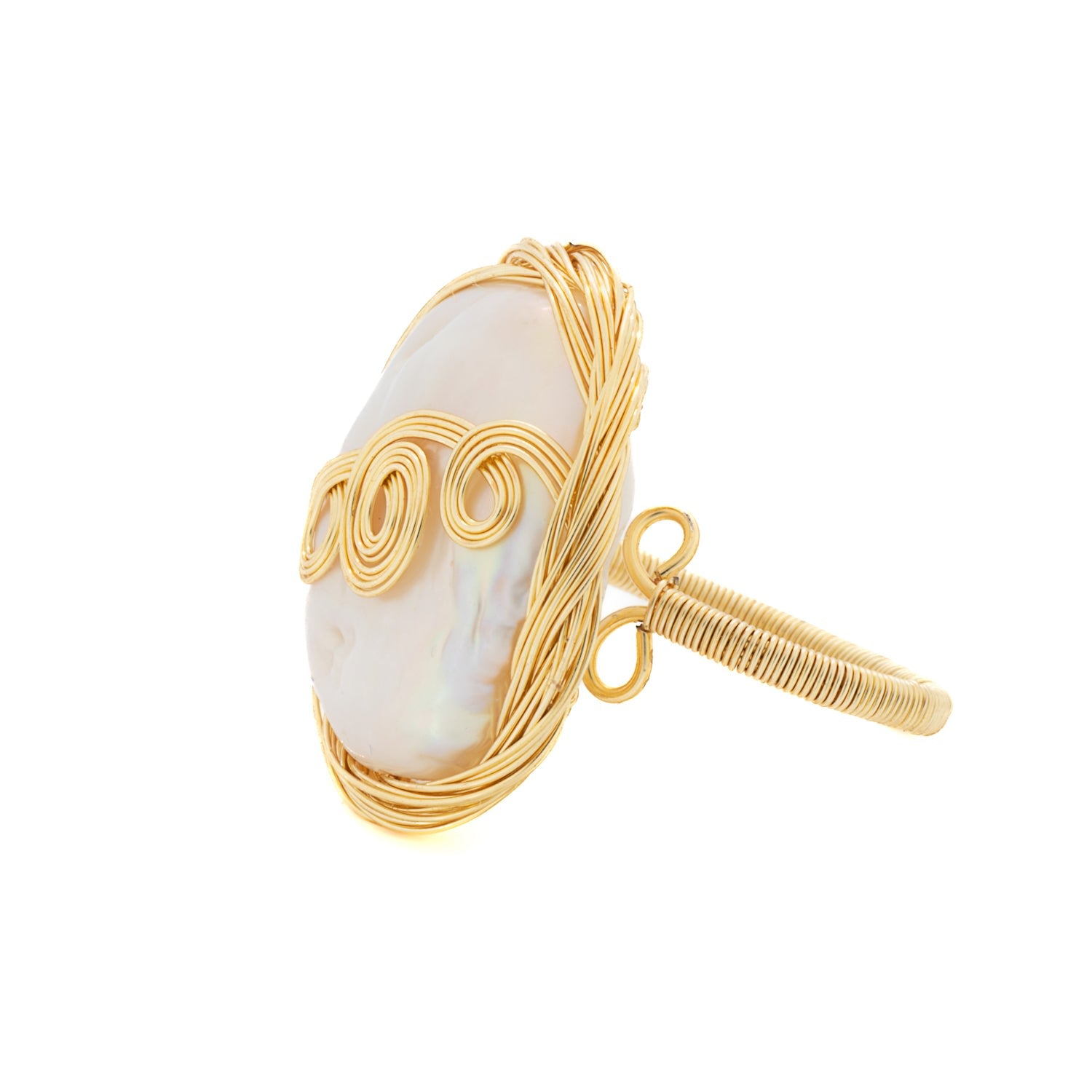 Cleopatra Gold Spiral Design Pearl Ring - White