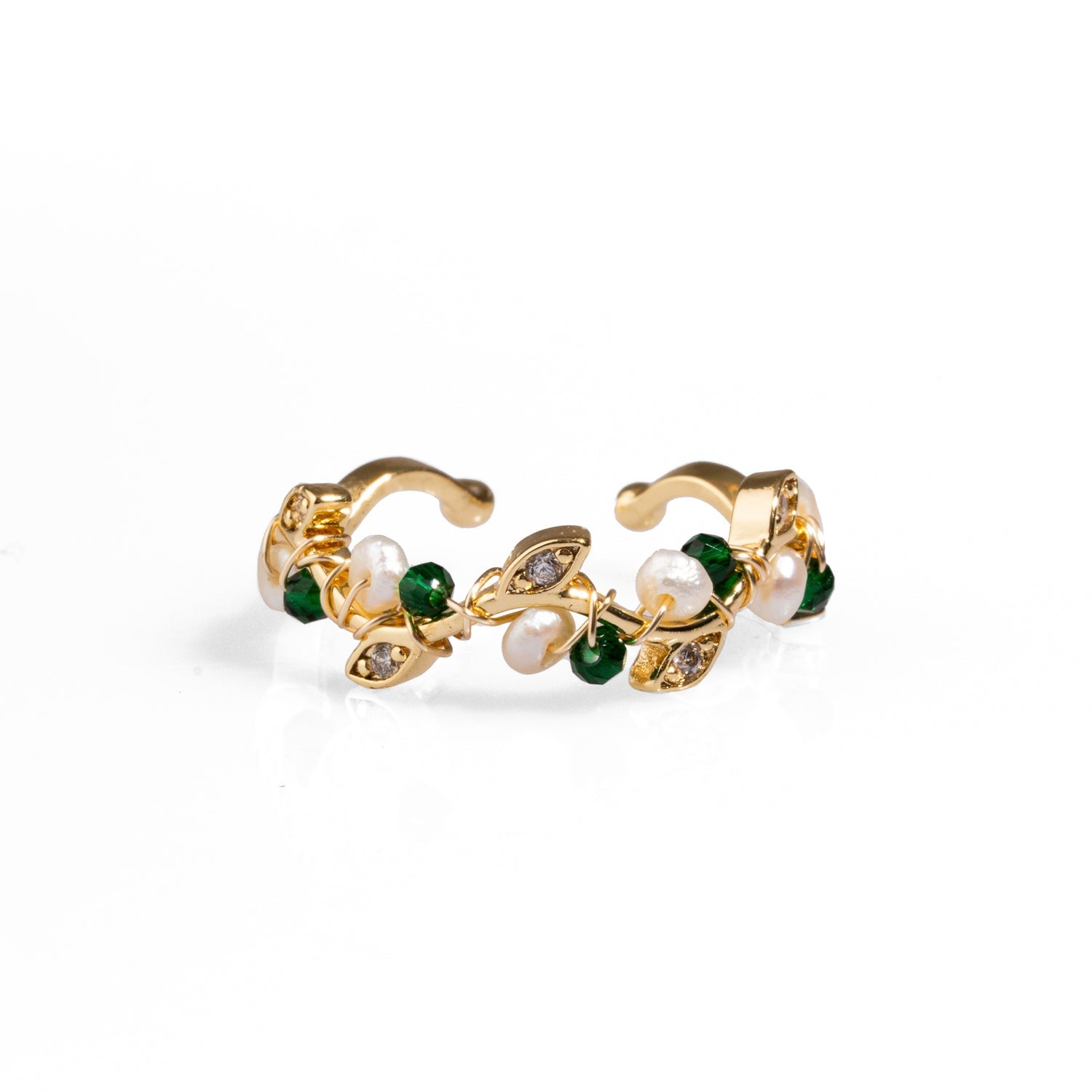 Cleopatra Pearl & Jade Floral Minimalist Dainty Ring - Green