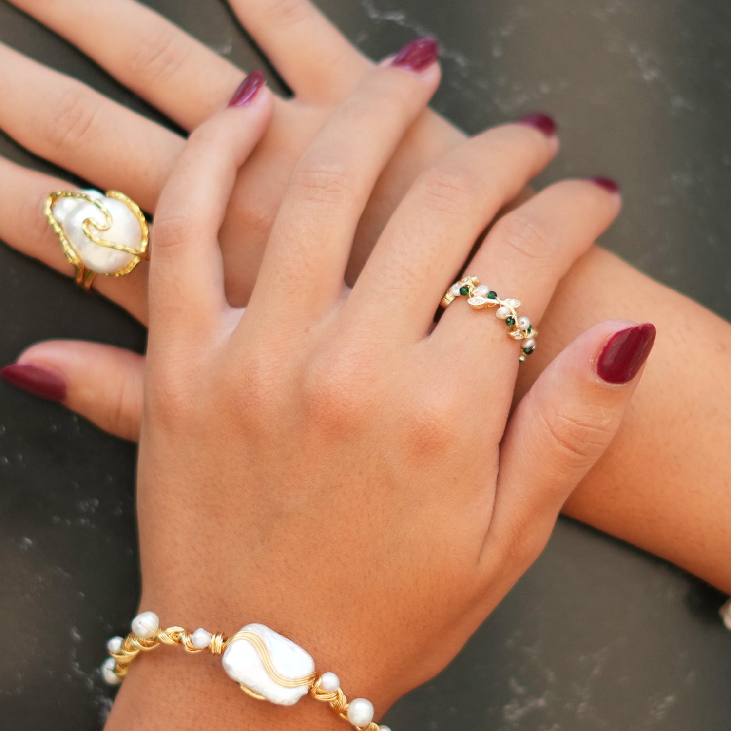 Cleopatra Pearl & Jade Floral Minimalist Dainty Ring - Green