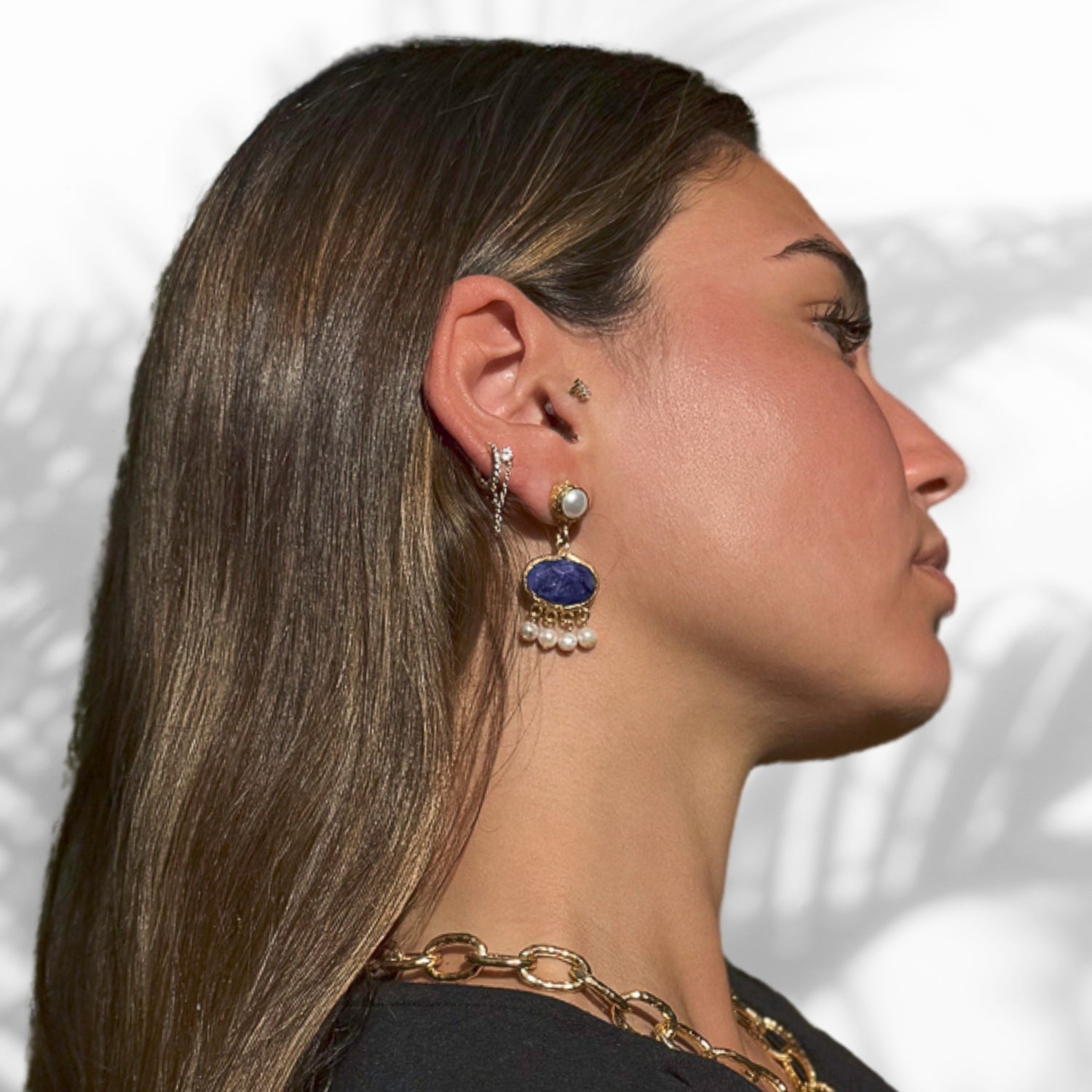 Cleopatra Pearl & Sapphire Stone Tassel Earrings - Blue