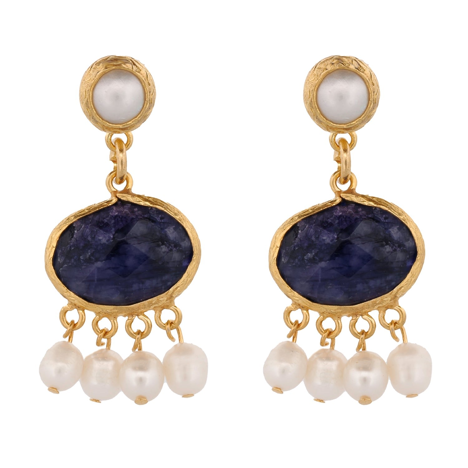 Cleopatra Pearl & Sapphire Stone Tassel Earrings - Blue
