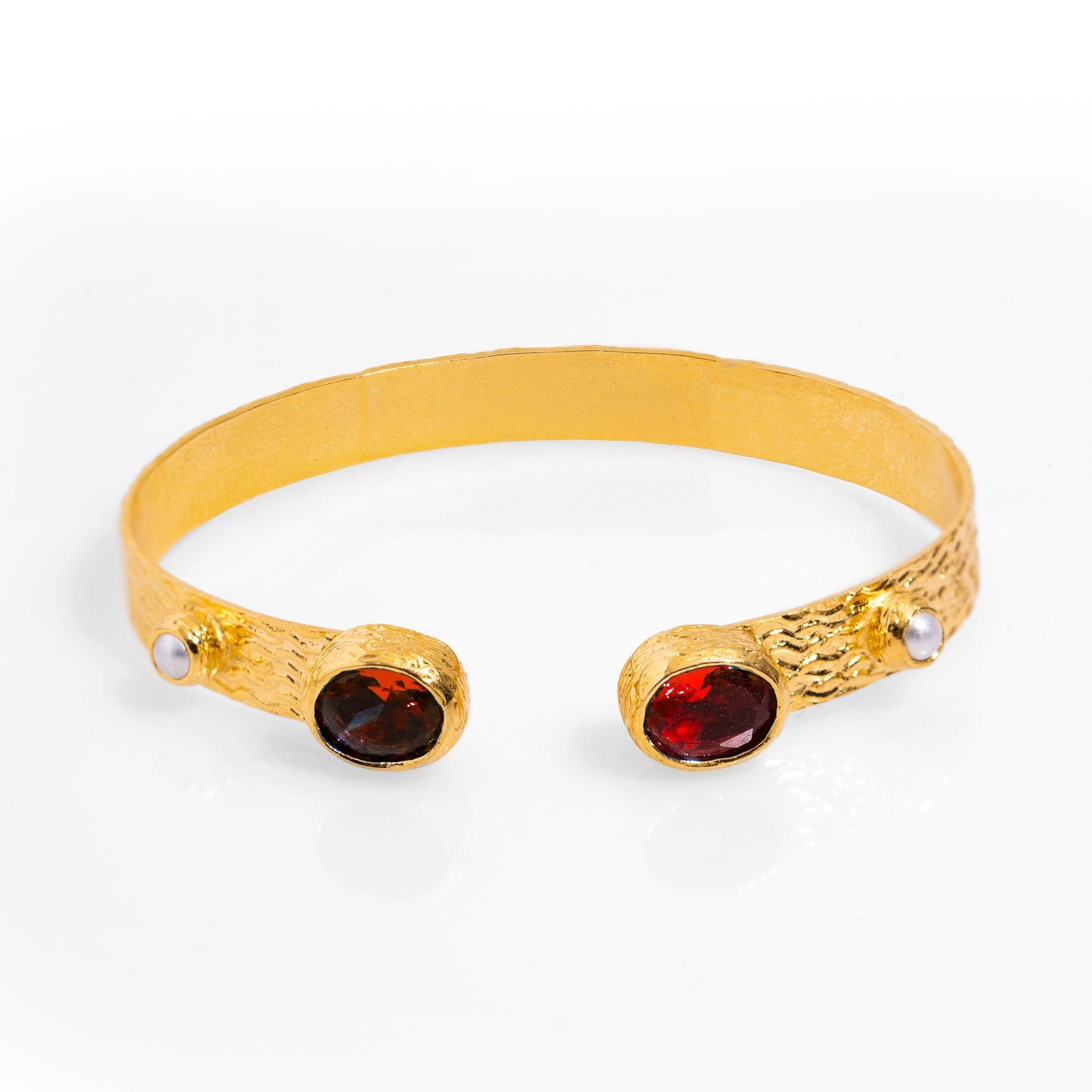 Cleopatra Ruby & Pearl Adjustable Gold Cuff Bracelet - Red