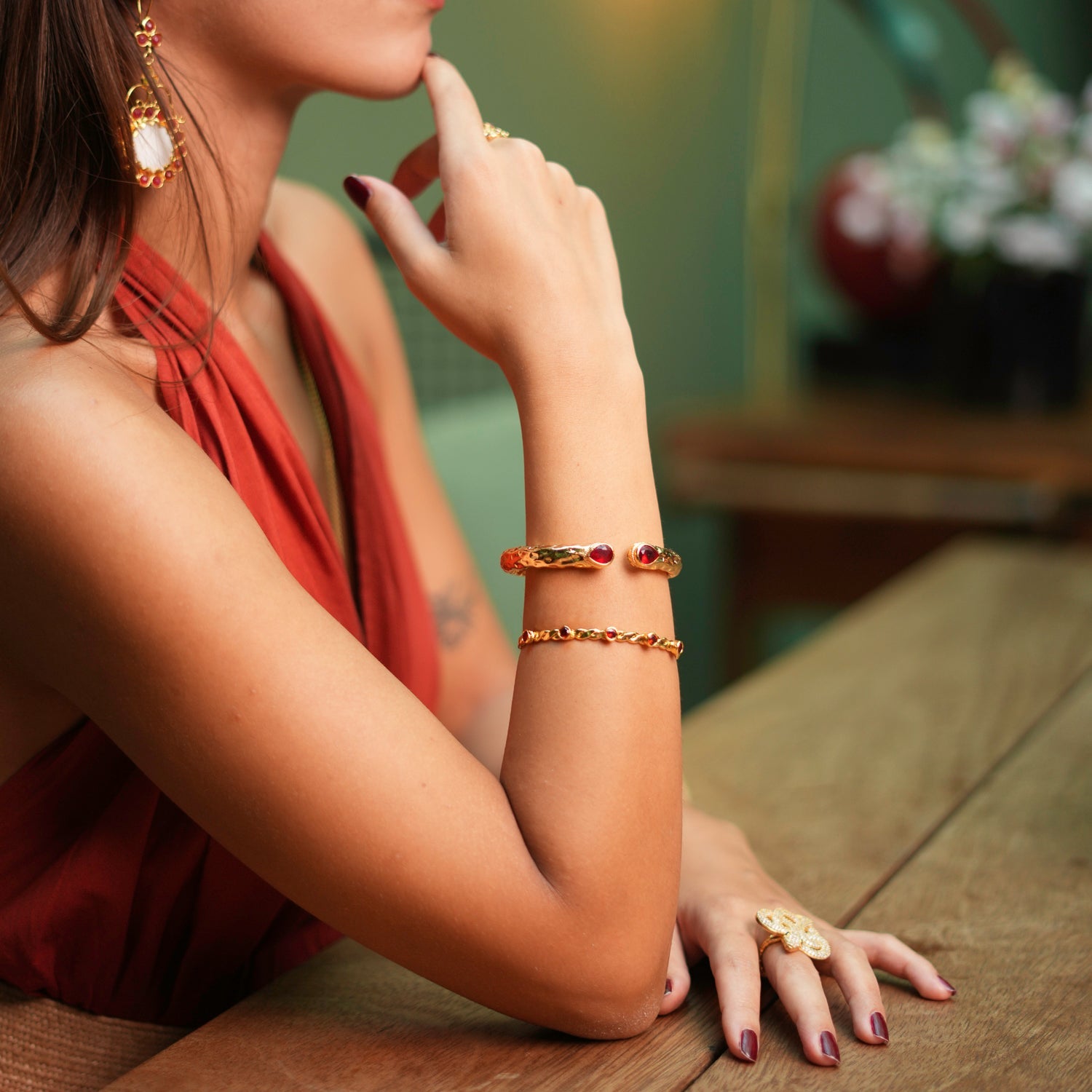 Cleopatra Ruby Stone & Gold Cuff Chunky Bracelet - Gold