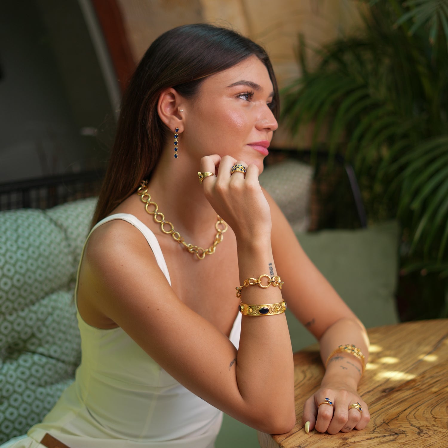 Cleopatra Sapphire Gemstone & Gold Antique Cuff Bracelet - Blue