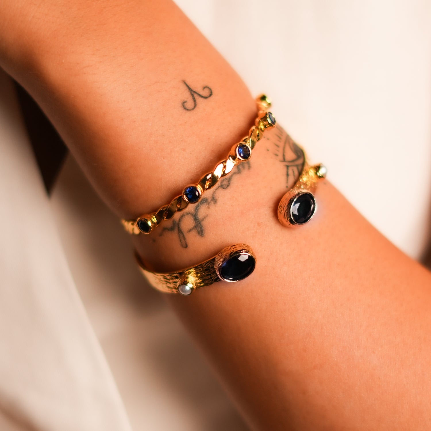 Cleopatra Sapphire & Pearl Adjustable Gold Cuff Bracelet - Blue