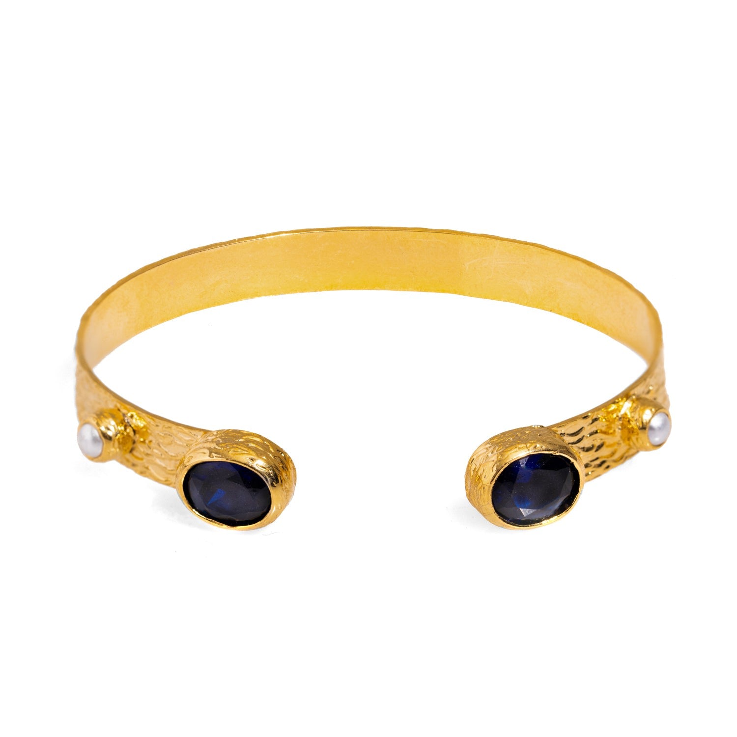 Cleopatra Sapphire & Pearl Adjustable Gold Cuff Bracelet - Blue