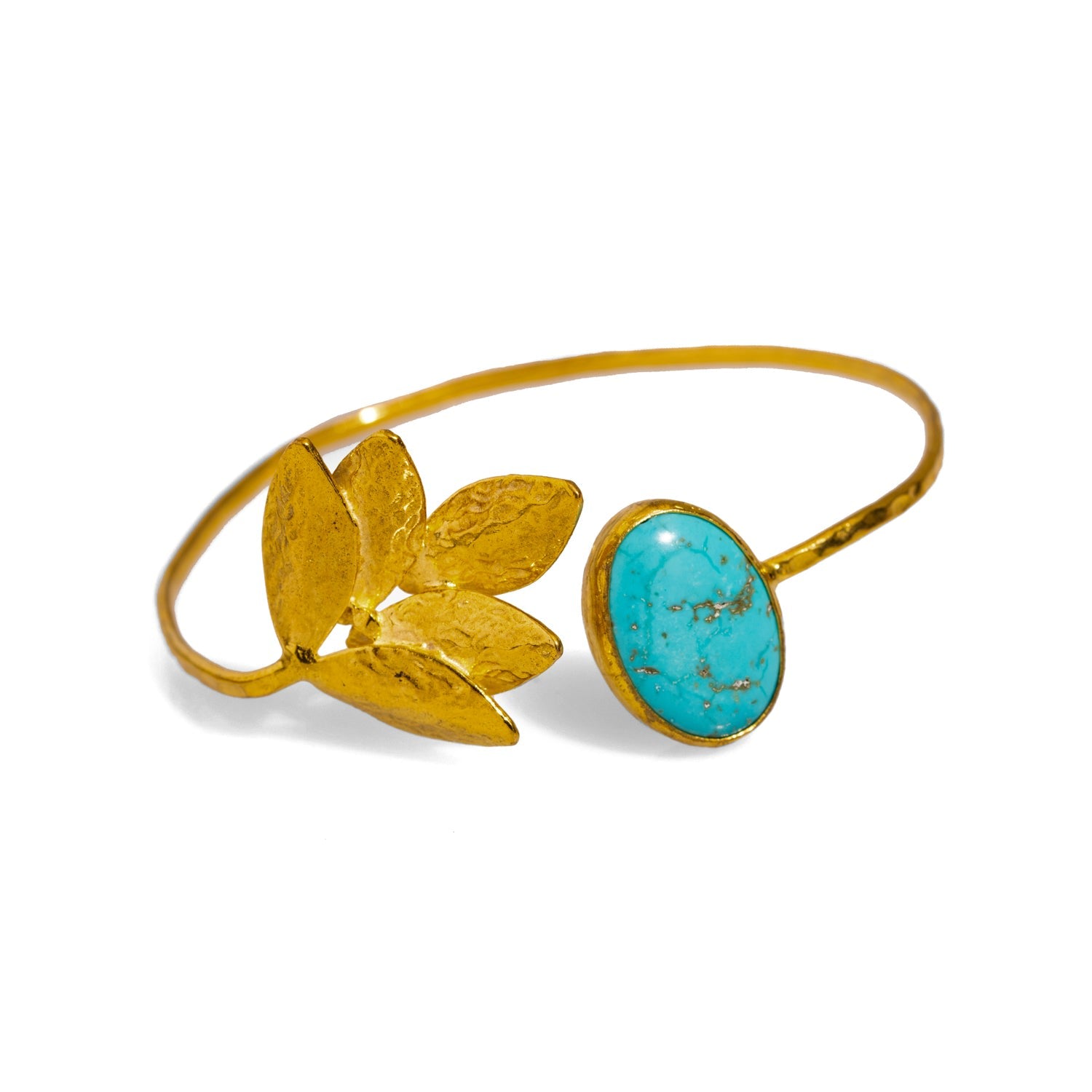 Cleopatra Turquoise & Gold Leaf Design Cuff Bracelet - Turquoise