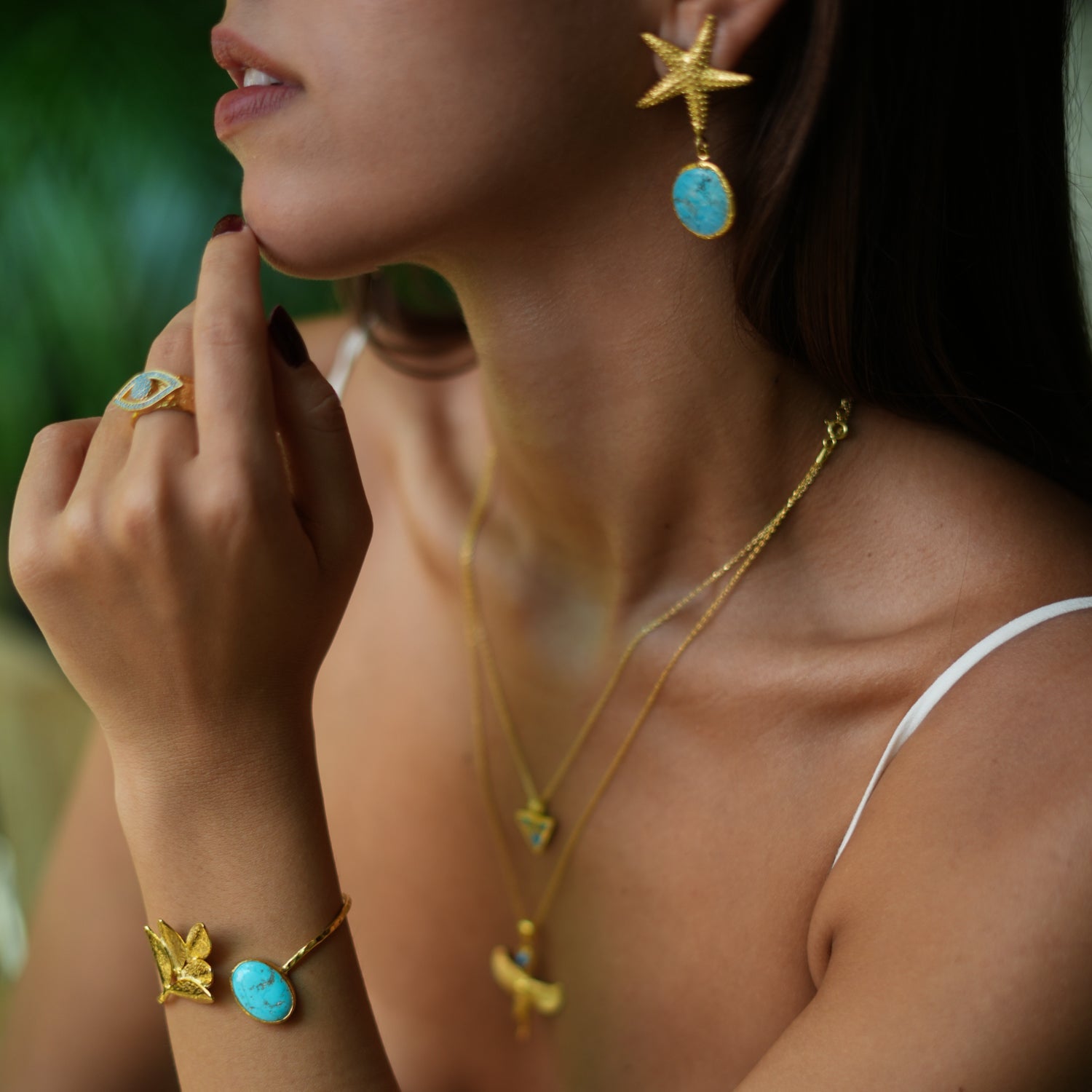 Cleopatra Turquoise & Gold Leaf Design Cuff Bracelet - Turquoise