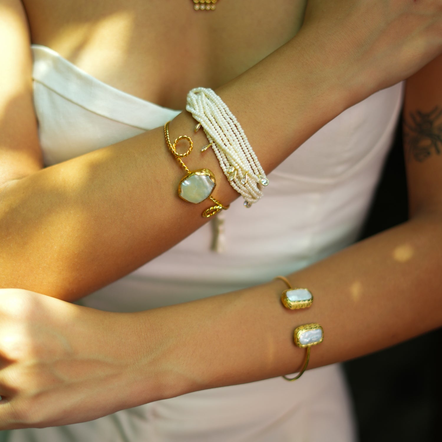 Pearl Stone Gold Twisted Cleopatra Cuff Bracelet - Gold