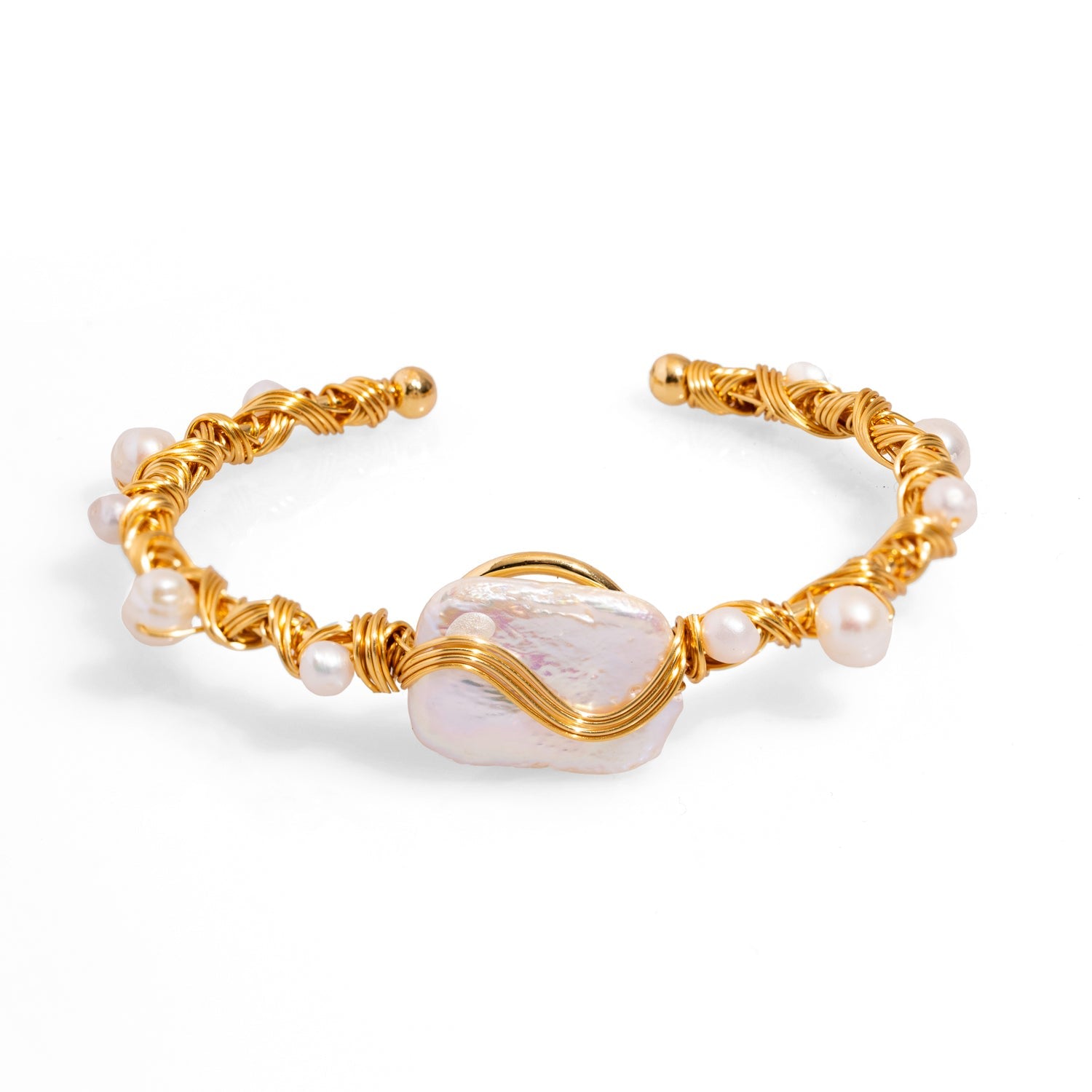 Cleopatra Twisted Design Pearl & Gold Cuff Bracelet - White