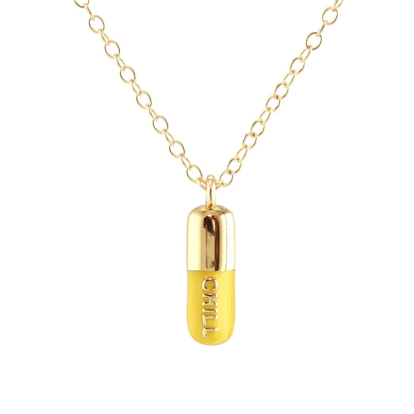 Chill Pill Enamel Necklace Gold Filled, Yellow