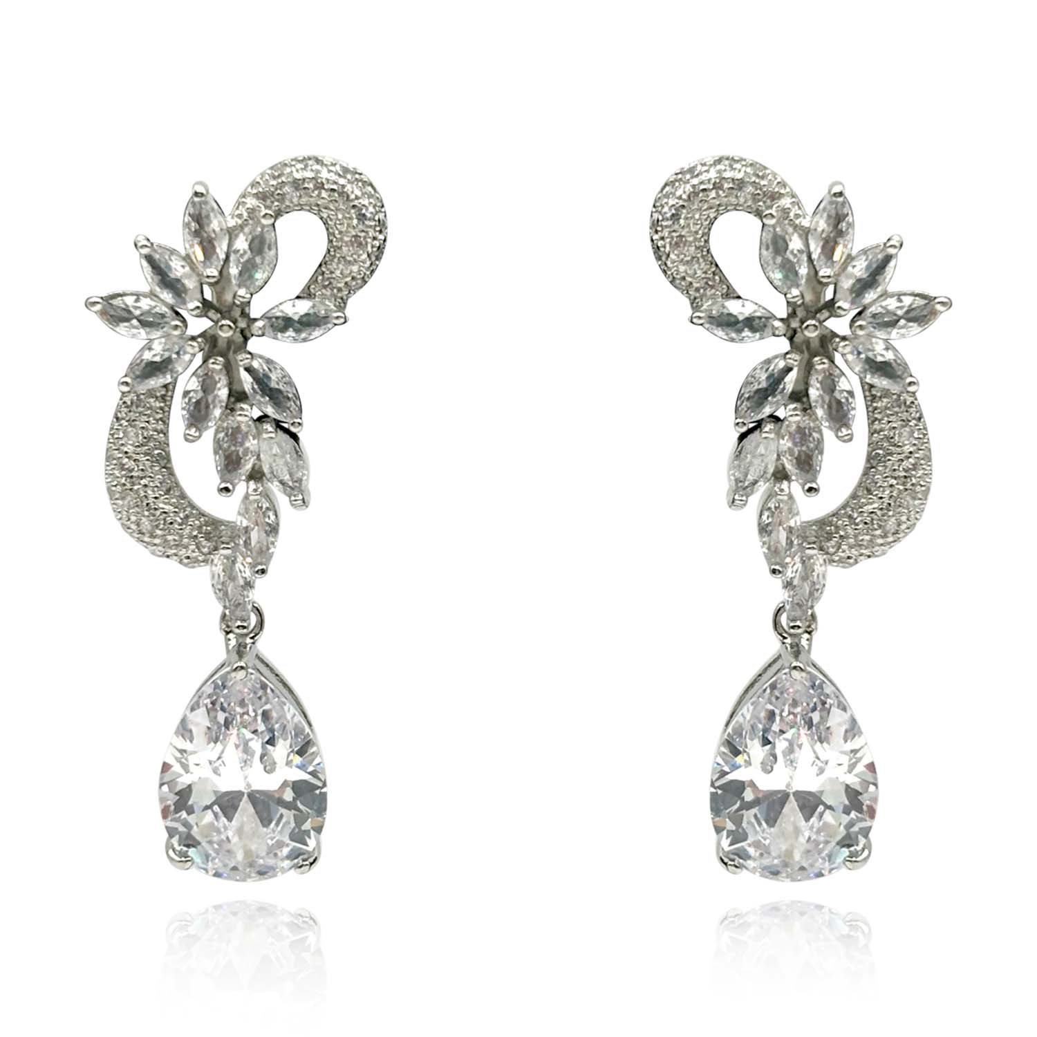 Clip On Diamond Cubic Zirconium Navette Earrings With Pear Shape Drops
