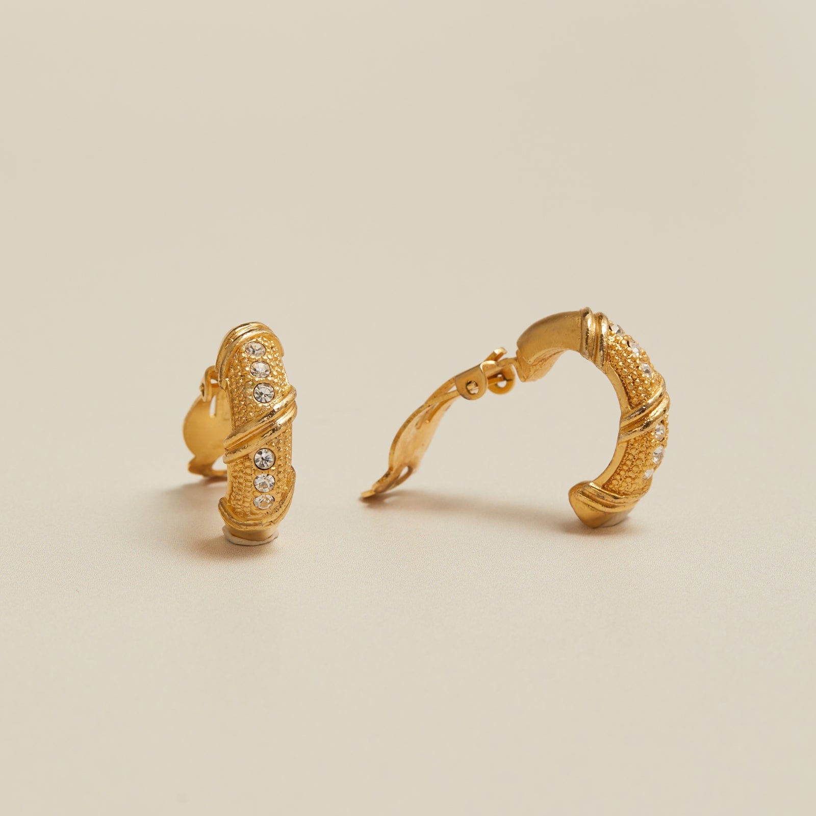 Vintage Crystal & Textured Hoop Clip-On Earrings