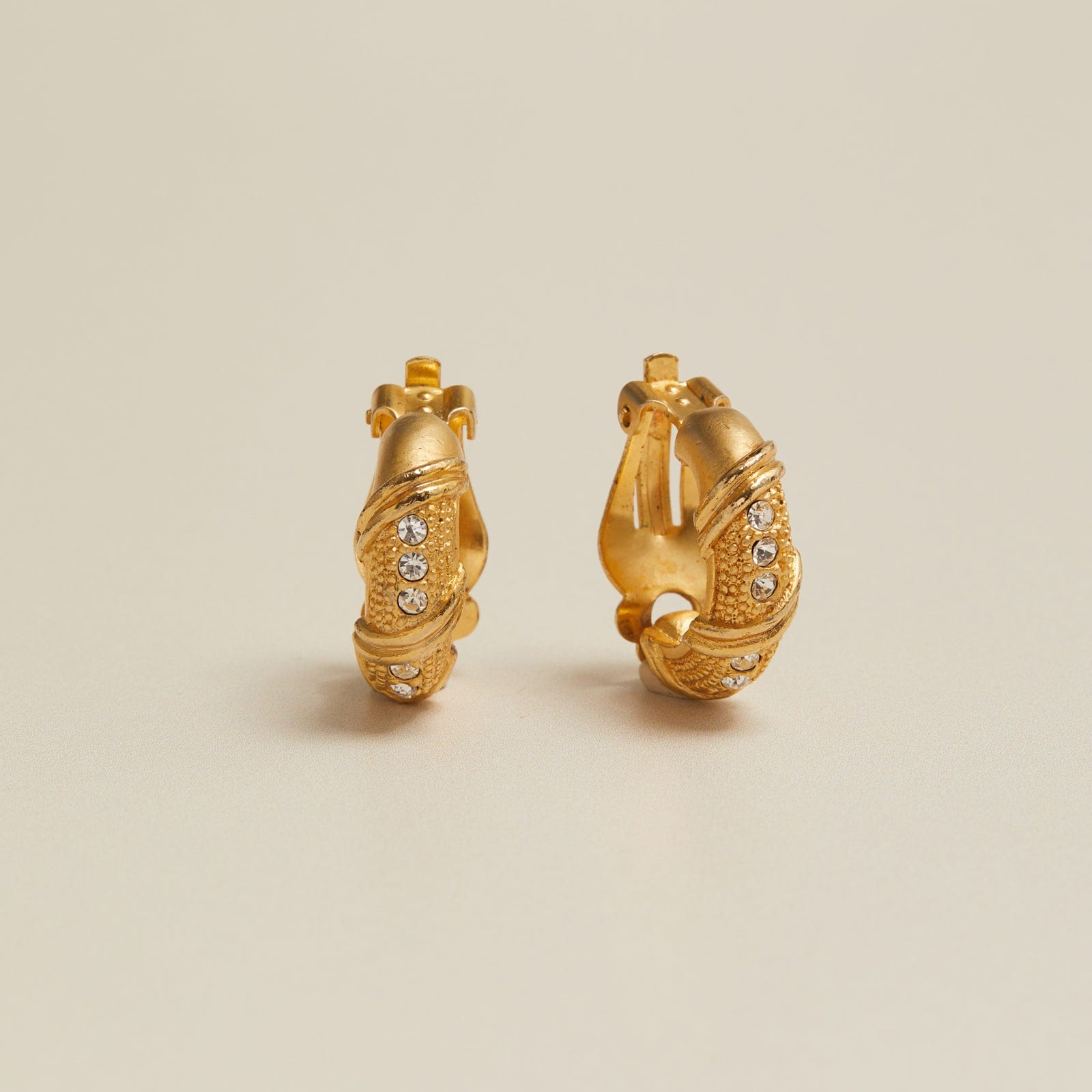 Vintage Crystal & Textured Hoop Clip-On Earrings