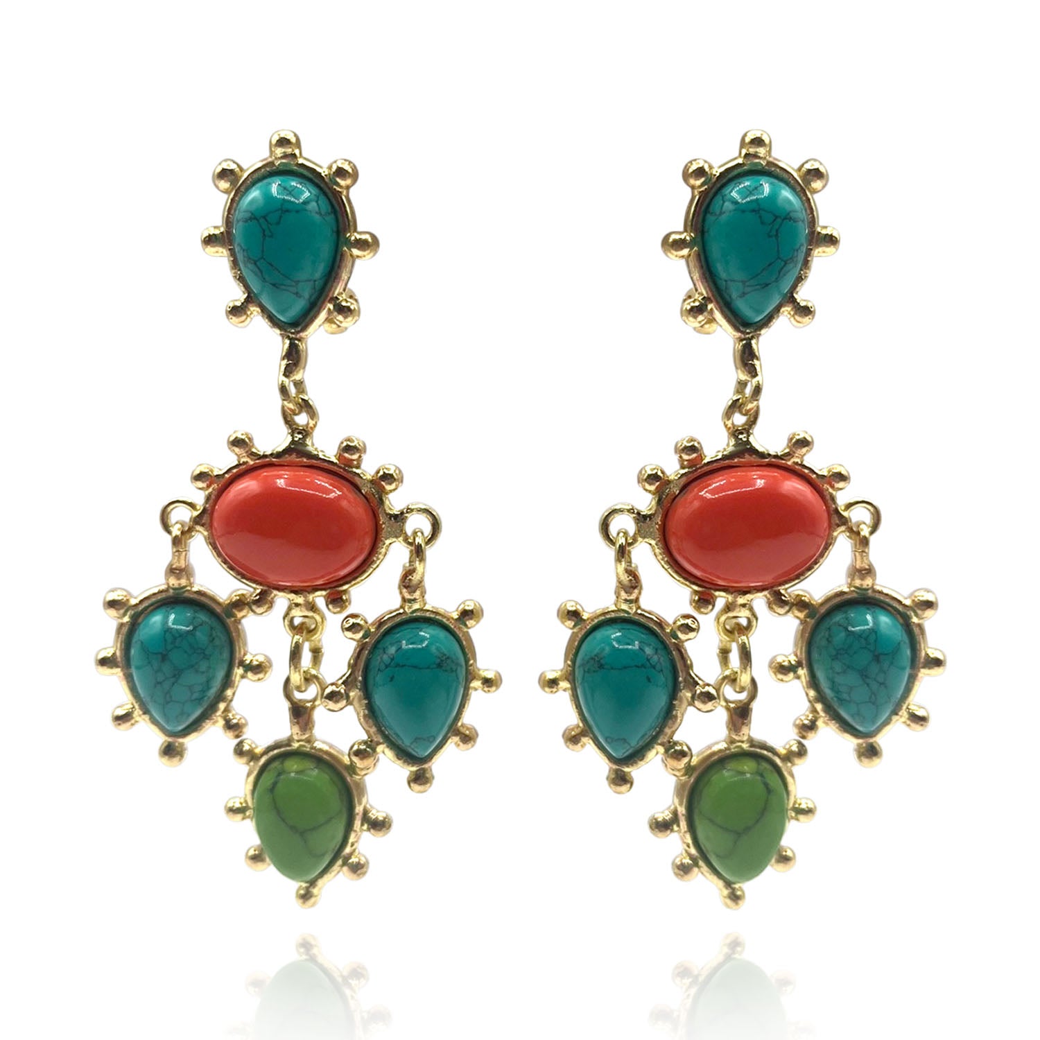 Clip On Earrings With Turquoise And Coral Pear And Oval Drops