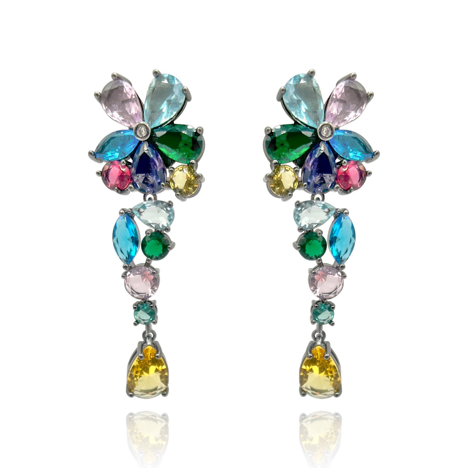Clip-On Multicolor Faceted Flower Drop Earrings