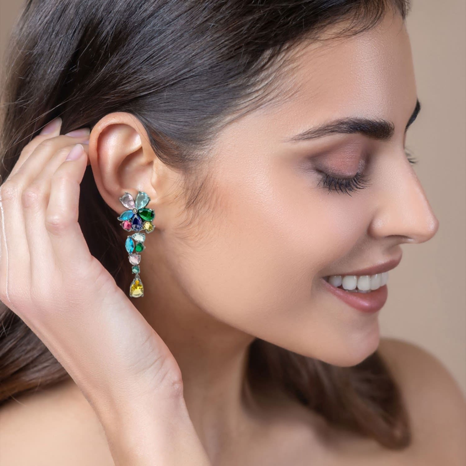 Clip-On Multicolor Faceted Flower Drop Earrings