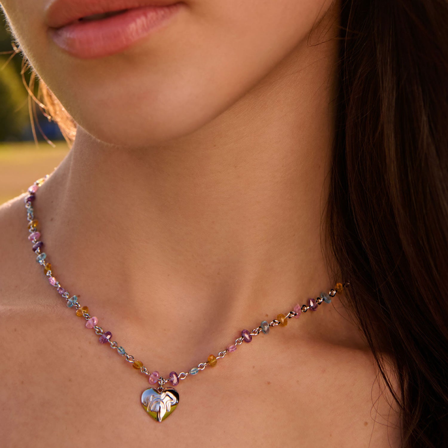Cloud Haven Multicolor Engraved Heart Pendant Necklace Silver